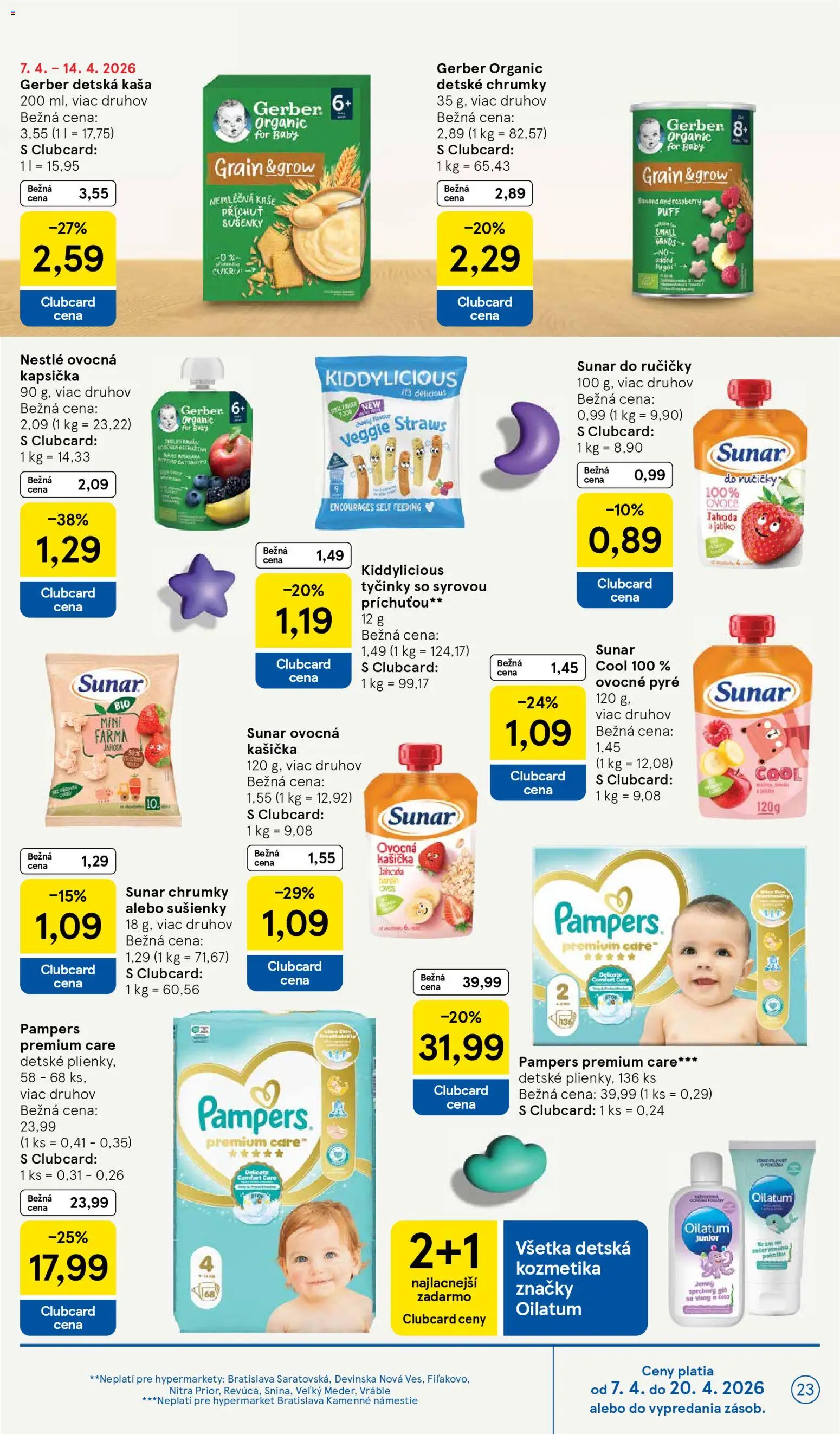 Náhľad Tesco letáku platného od 08.04.2026 - Pampers, Sunar, Plienky, Kaša, Sušienky, Pampers Premium Care, Krém, Detské plienky