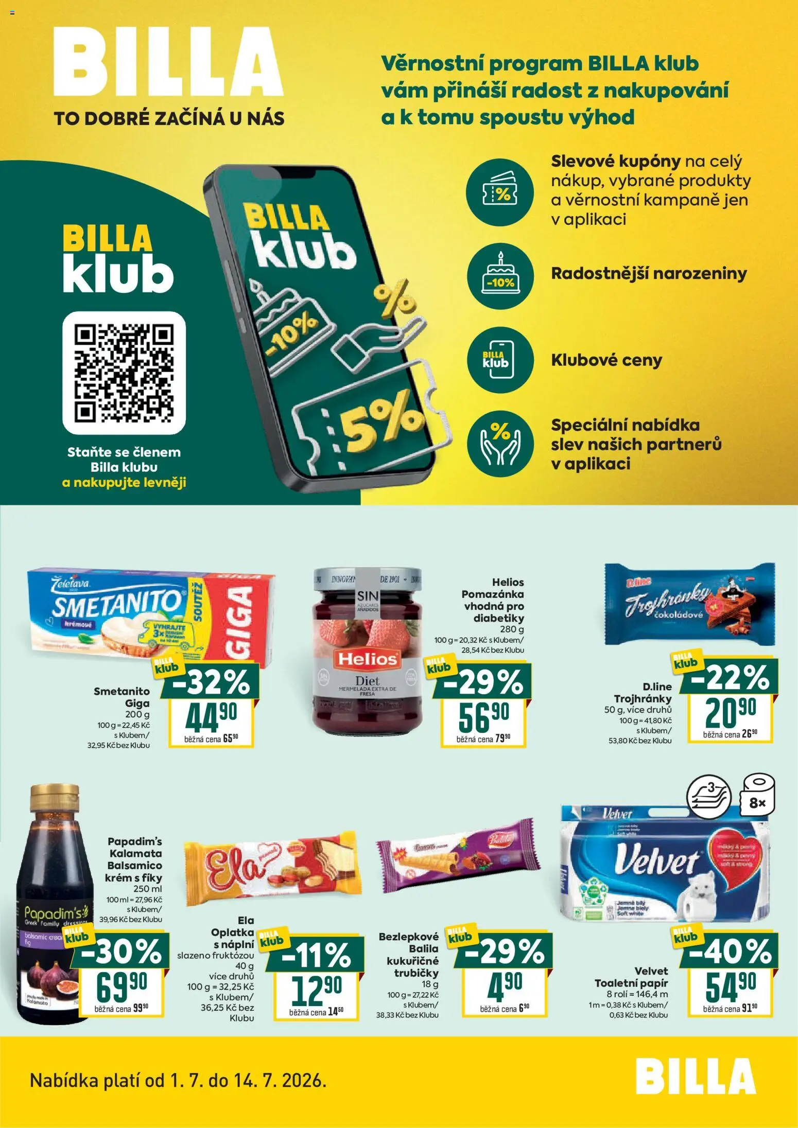 Náhled nabídky: Billa Billa leták - Bonus club platný od 01.07.2026 - Pomazánka, Fíky, Toaletní papír, Velvet, Balsamico, Krém, Trubičky