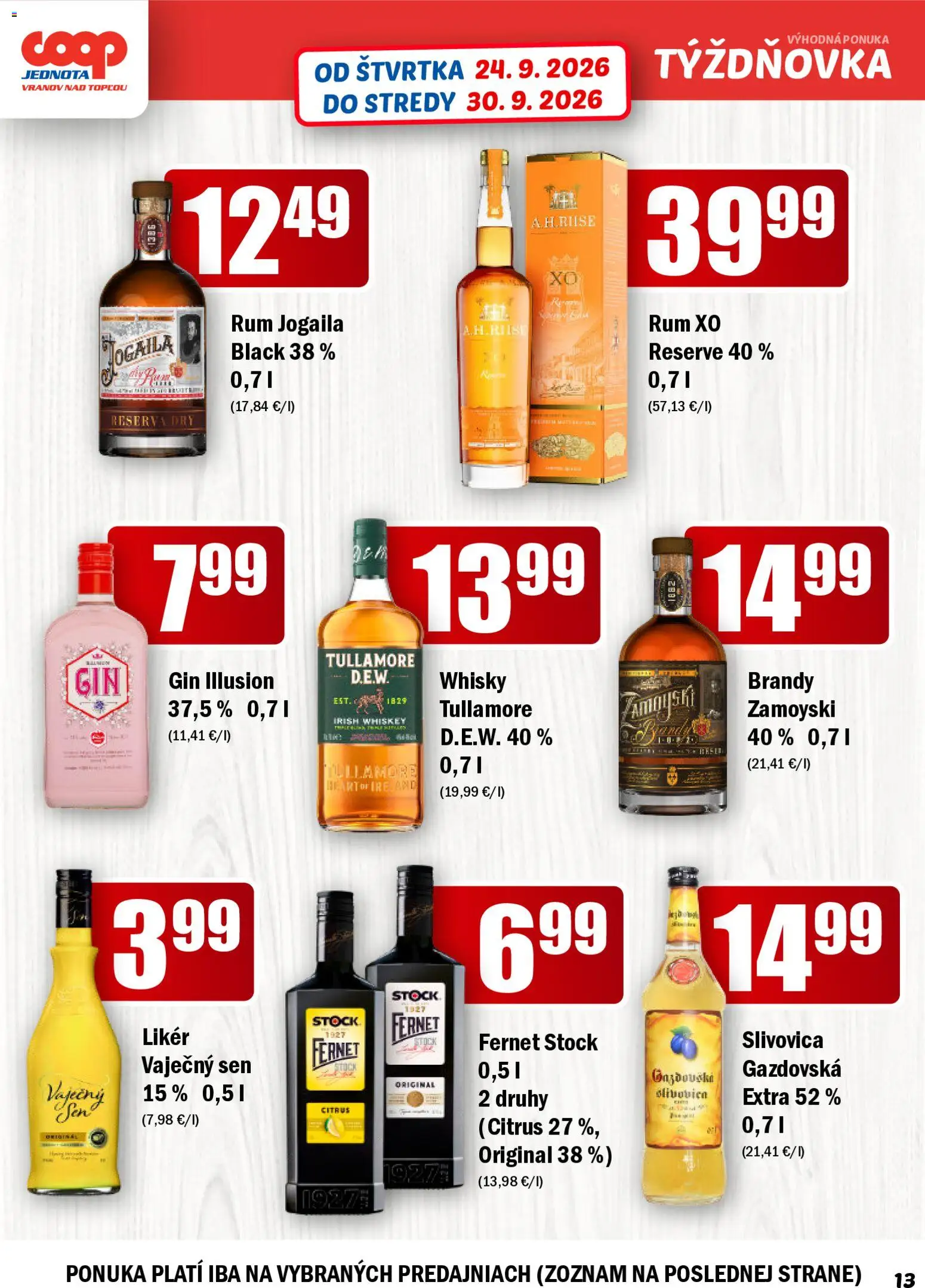 Náhľad COOP Jednota letáku platného od 24.09.2026 - Rum, Gin, Whisky, Slivovica, Brandy, Fernet, Fernet Stock, Vaječný sen