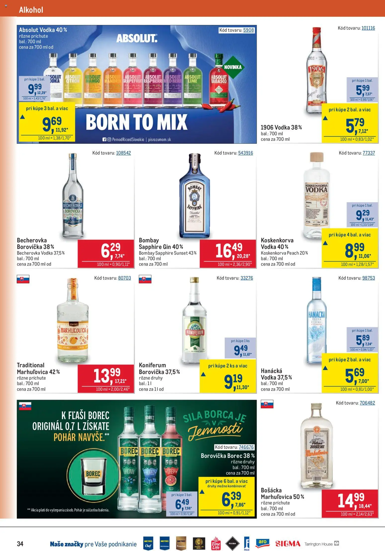 Náhľad Metro letáku platného od 07.10.2026 - Mango, Alkohol, Vodka, Borovička, Gin, Absolut vodka, Koniferum, Bombay Sapphire