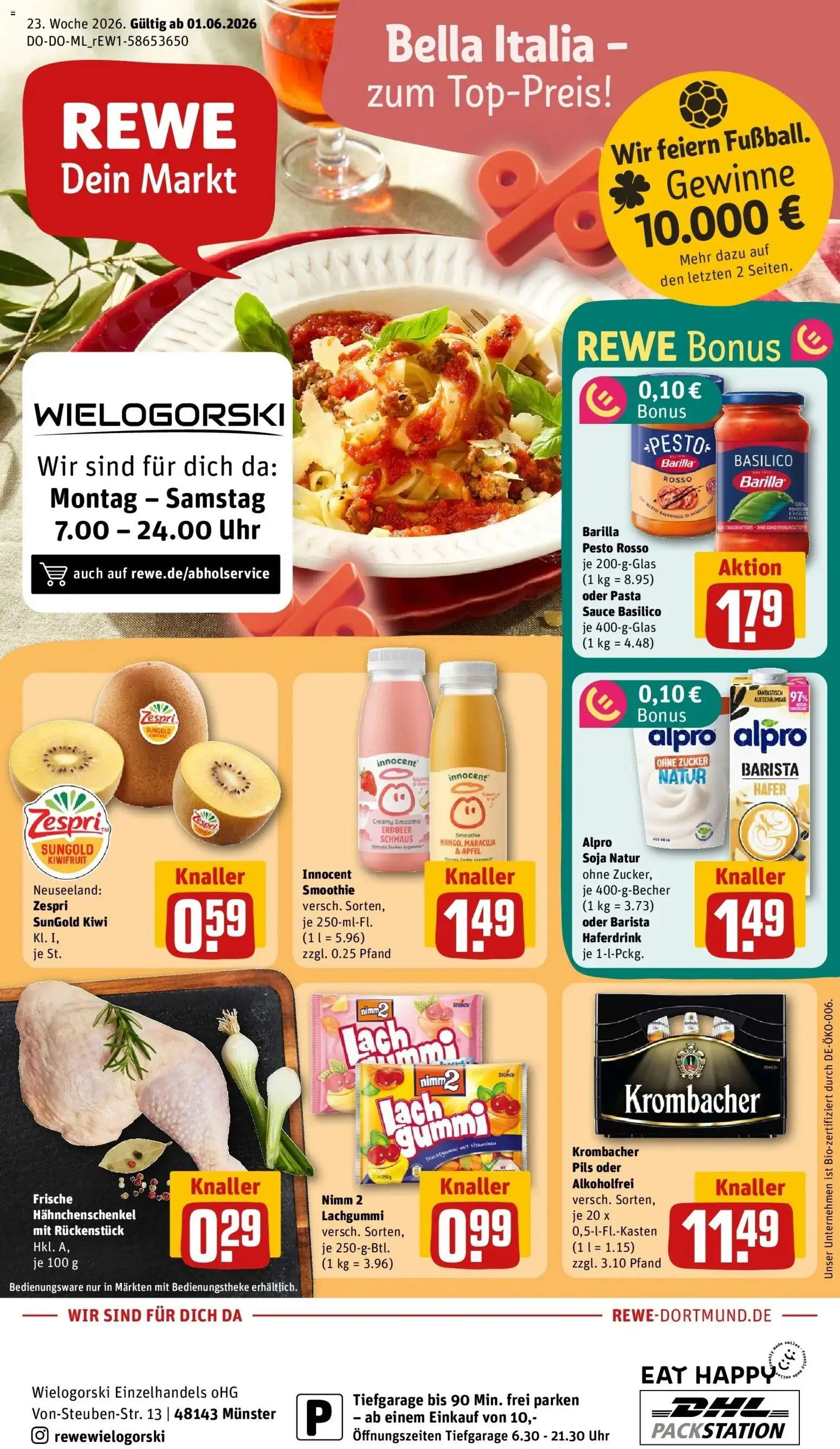 Vorschau von dem Prospekt des Geschäftes Rewe, gültig ab dem 01.06.2026 - Uhr, Pasta, Äpfel, Kiwi, Zucker, Alpro, Pils, Haferdrink