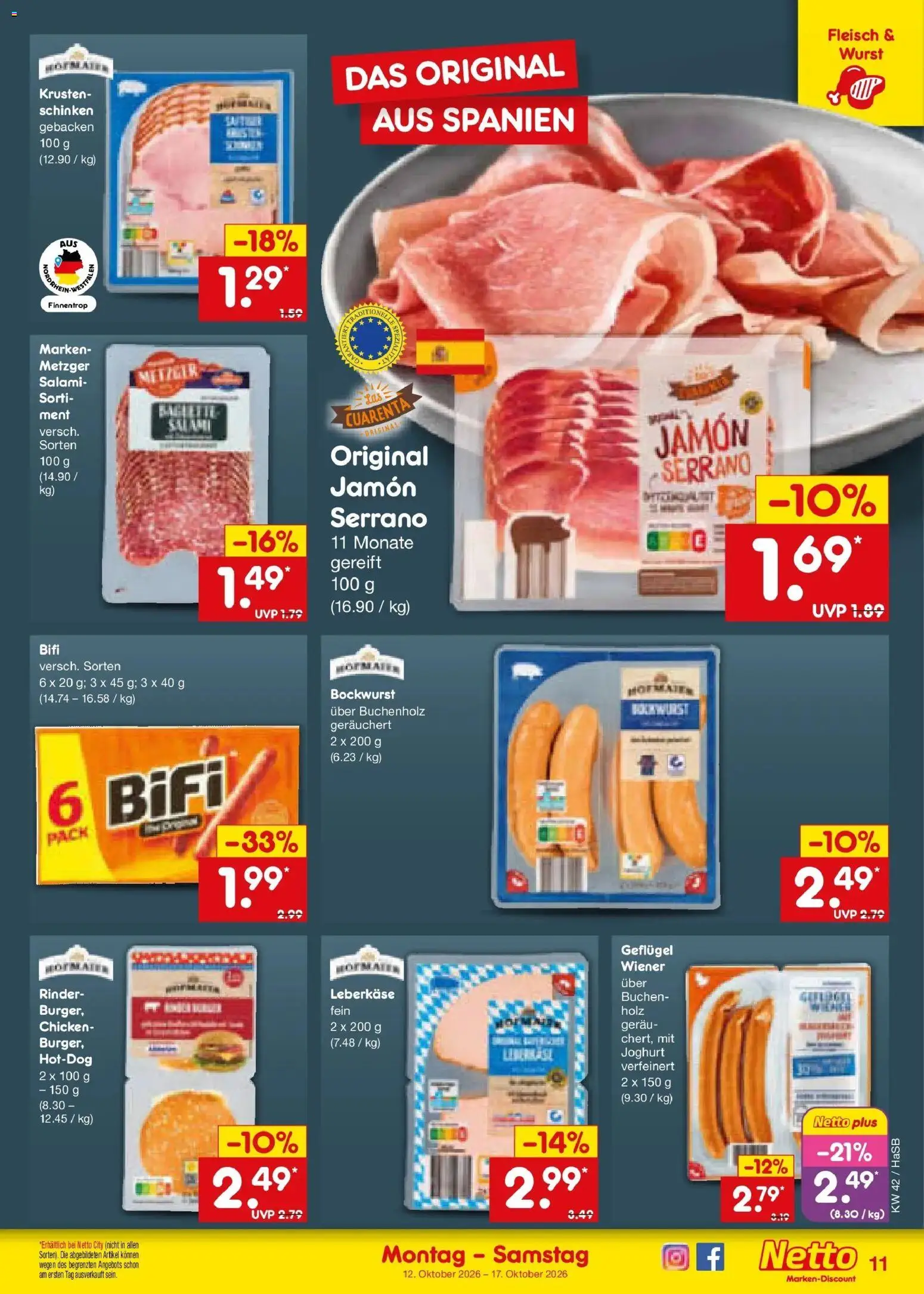 Vorschau von dem Prospekt des Geschäftes Netto Marken-Discount, gültig ab dem 12.10.2026 - Wurst, Joghurt, Fleisch, Salami, Schinken, Bockwurst, Bifi, Leberkase
