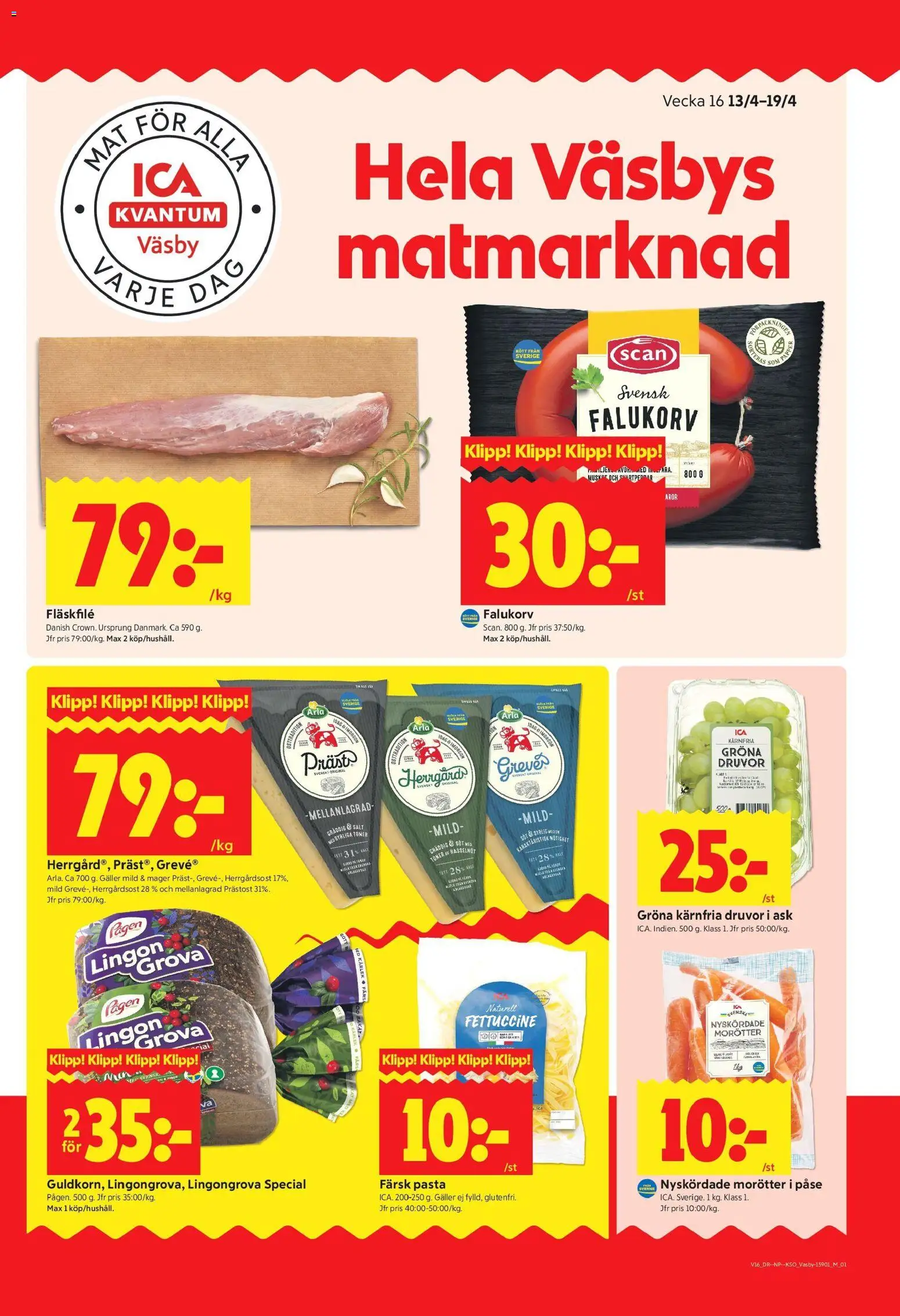 Förhandsgranska reklamblad Upplands Väsby från butik ICA Kvantum gäller från 13/04/2026 - Pasta, Falukorv, Salt, Galler, Lingongrova, Morötter, Fläskfilé