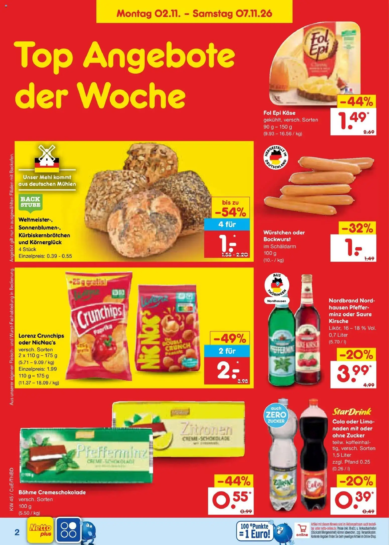 Vorschau von dem Prospekt des Geschäftes Netto Marken-Discount, gültig ab dem 02.11.2026 - Schokolade, Cola, Mehl, Zucker, Zitronen, Bockwurst, Creme, Lorenz crunchips