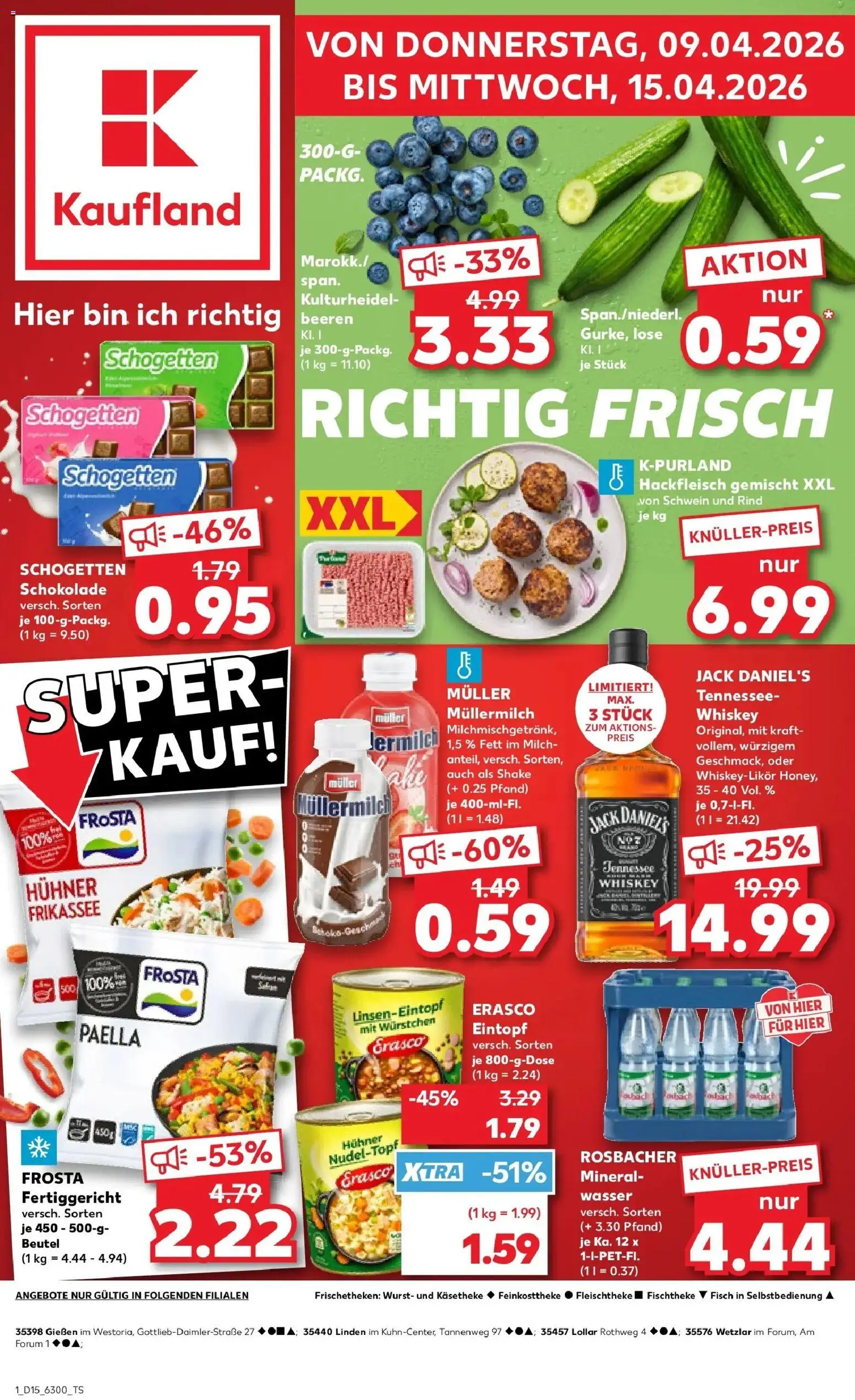 Vorschau von dem Prospekt des Geschäftes Kaufland, gültig ab dem 08.04.2026 - Wasser, Fisch, Wurst, Mineralwasser, Hackfleisch, Frosta, Whiskey, Schogetten