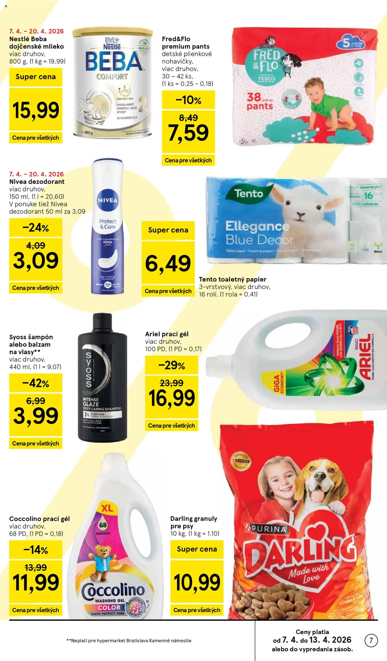 Náhľad Tesco letáku platného od 08.04.2026 - Ariel, Nivea, Toaletný papier, Dezodorant, Beba, Coccolino, Prací gél, Dojčenské mlieko