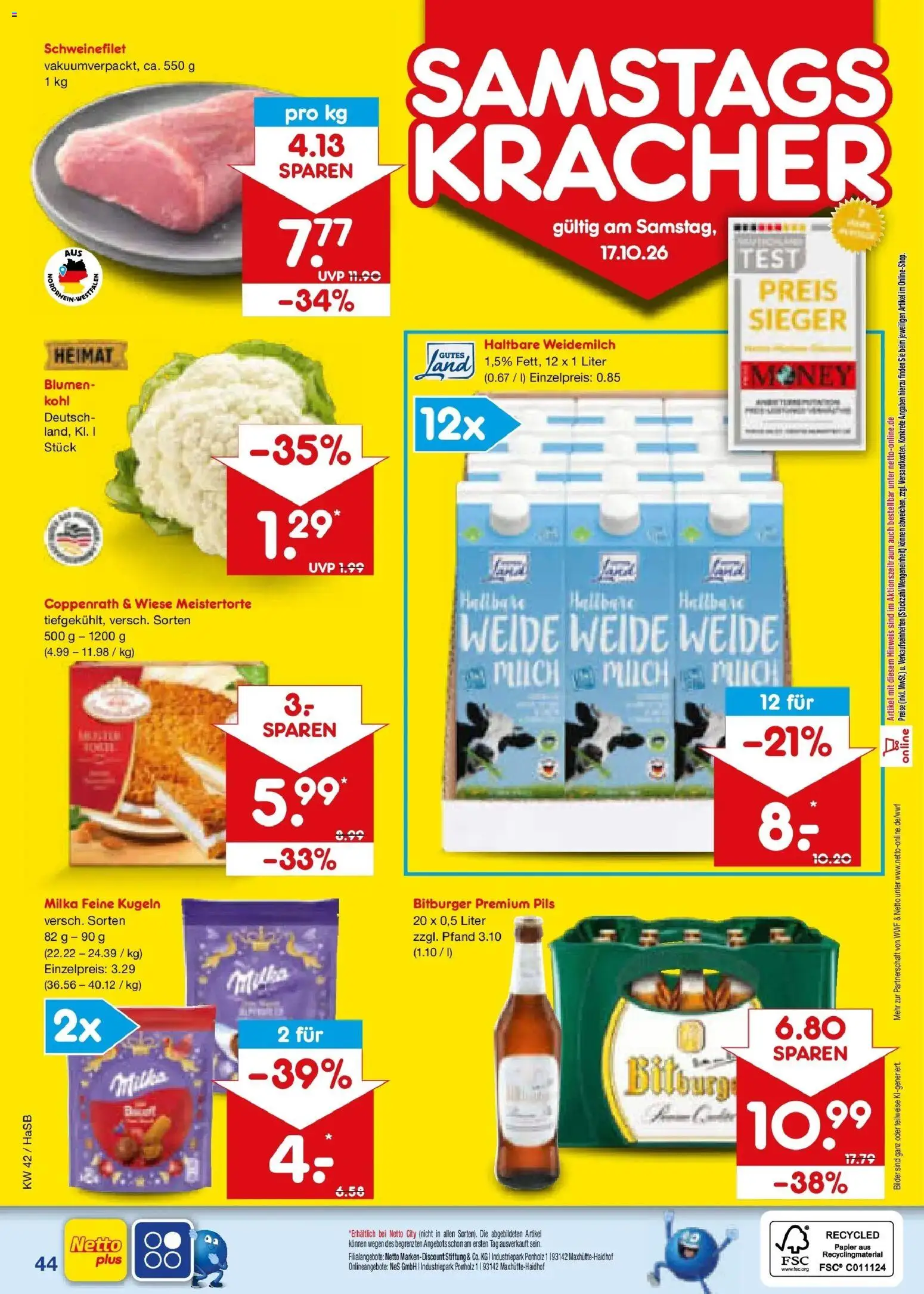 Vorschau von dem Prospekt des Geschäftes Netto Marken-Discount, gültig ab dem 12.10.2026 - Bilder, Blumen, Milka, Schweinefilet, Bitburger, Pils