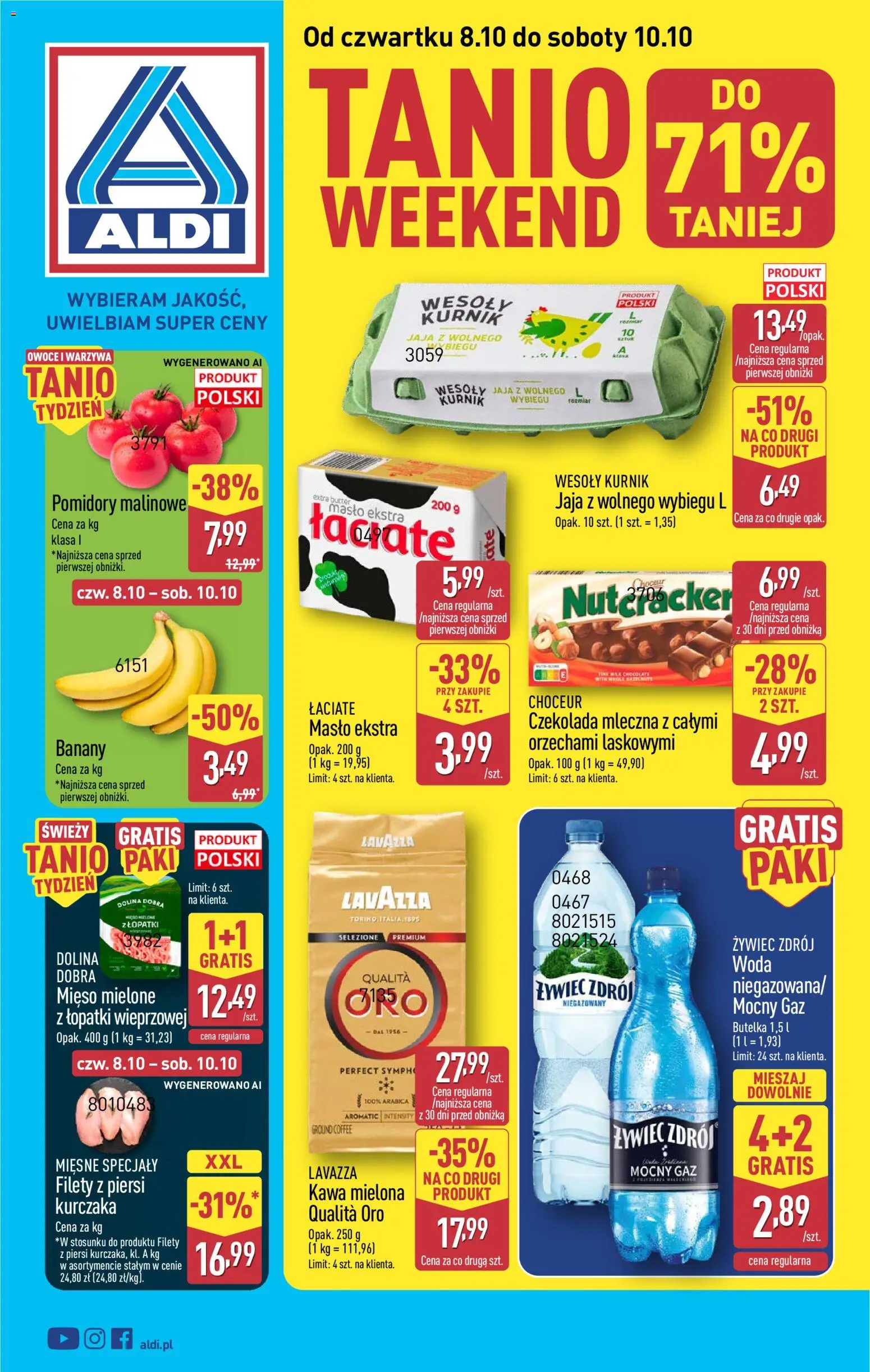 Pogląd gazetki "Aldi gazetka - Oferta weekendowa" ze sklepu Aldi ważnej od 08.10.2026 - Kawa, Woda, Czekolada, Mięso, Piersi, Mięso mielone, Specjały, Pomidory malinowe