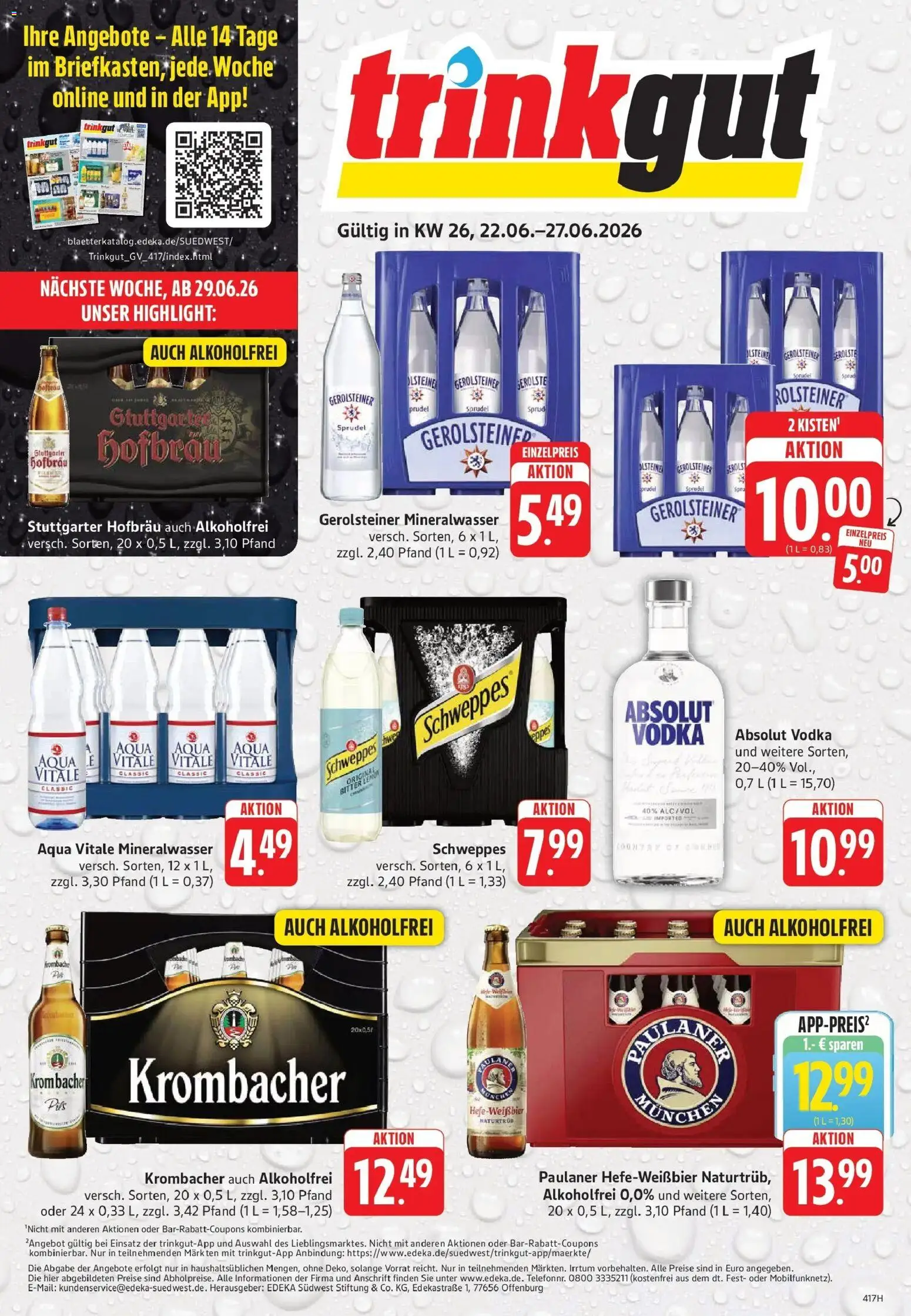 Vorschau von dem Prospekt des Geschäftes Trinkgut, gültig ab dem 21.06.2026 - Mineralwasser, Gerolsteiner, Krombacher, Vodka, Paulaner, Schweppes, Pils