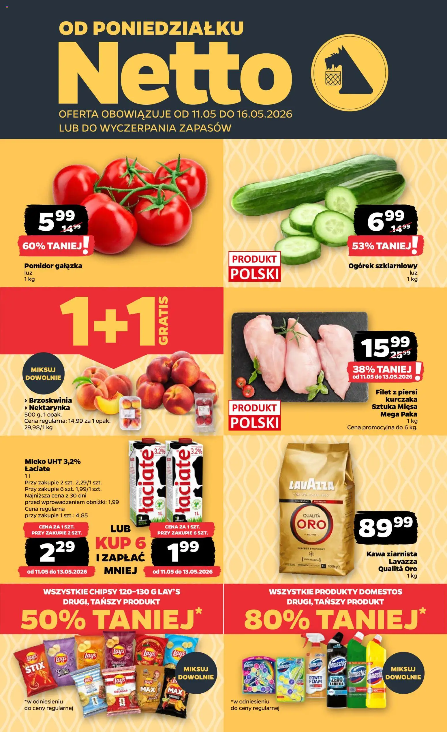 Pogląd gazetki "Netto gazetka od poniedziałku spożywcza" ze sklepu Netto ważnej od 11.05.2026 - Kawa, Mleko, Kawa ziarnista, Lays, Brzoskwinia, Lavazza, Kawa ziarnista Lavazza, Filet