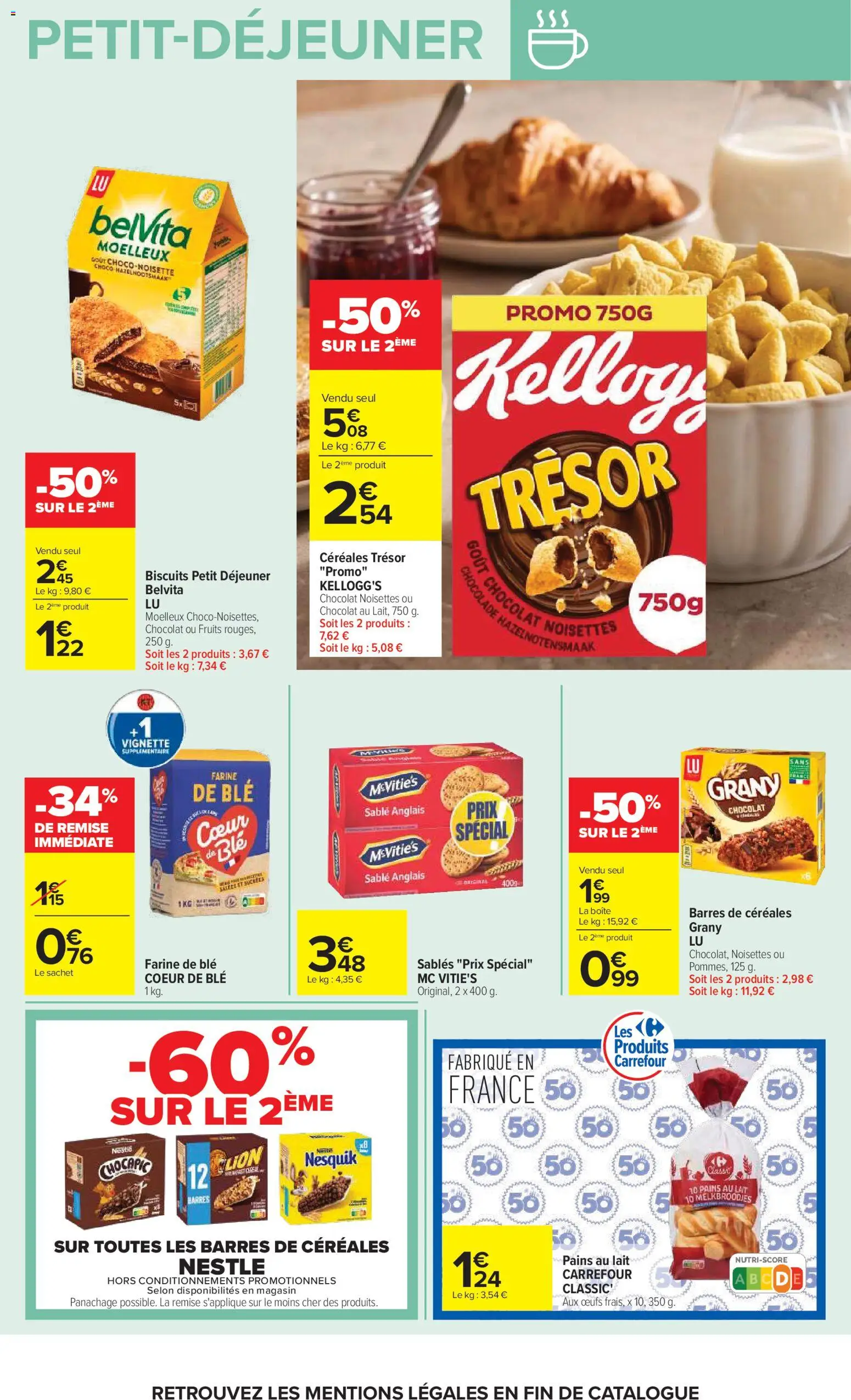 Prévisualisation de Carrefour Petit déjeuner du magasin Carrefour formulaire valide 03/11/2026 - Chocolat, Lait, Biscuits, Farine, Blé, Nesquik, Pains au lait, BelVita