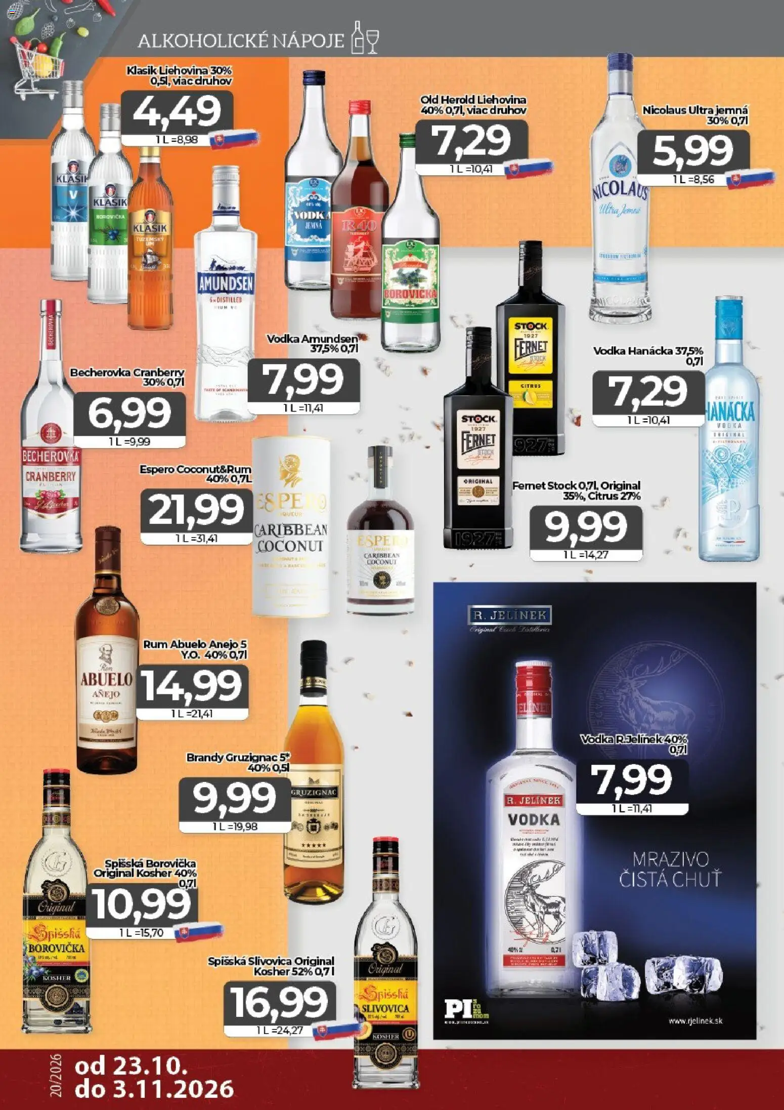 Náhľad CBA Komfos letáku platného od 23.10.2026 - Rum, Vodka, Borovička, Becherovka, Slivovica, Brandy, Fernet, Nápoje