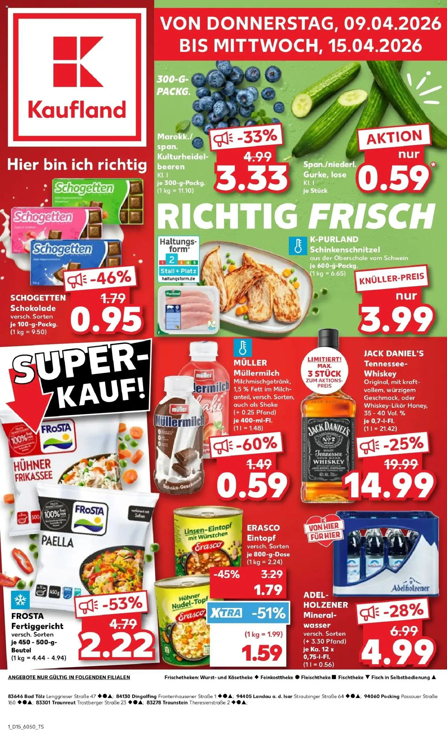 Vorschau von dem Prospekt des Geschäftes Kaufland, gültig ab dem 08.04.2026 - Wasser, Fisch, Frosta, Adelholzener, Schogetten, Jack Daniel's, Erasco, Muller mullermilch