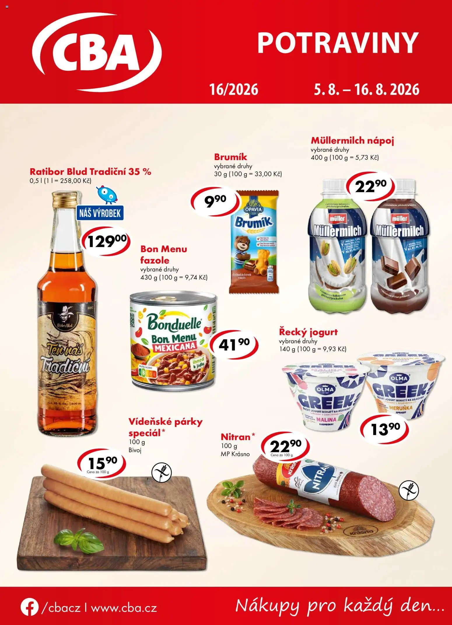 Náhled nabídky: CBA CBA leták platný od 05.08.2026 - Potraviny, Jogurt, Řecký jogurt, Fazole, Párky, Brumik, Vídeňské párky, Müllermilch