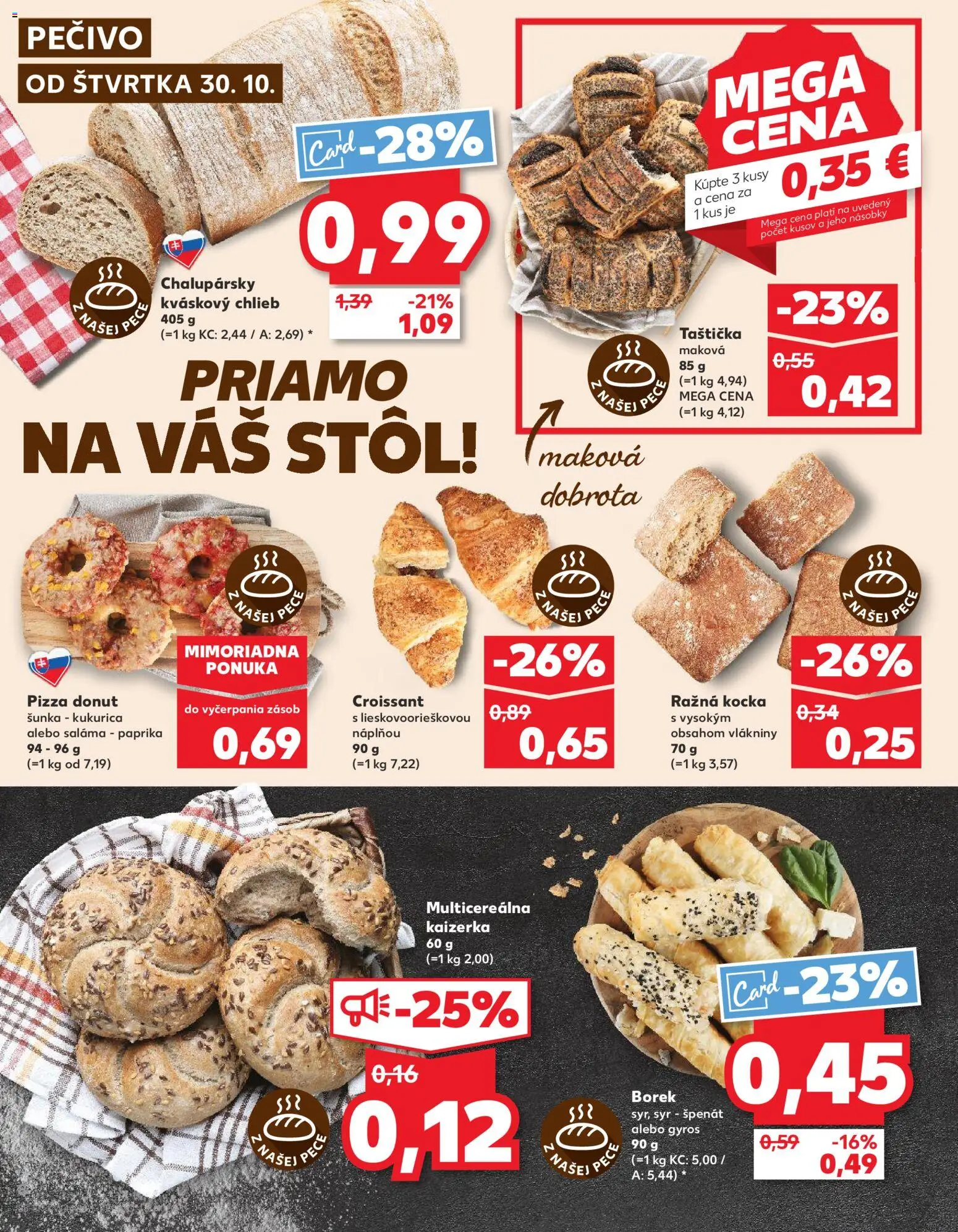 Náhľad Kaufland letáku platného od 30.10.2025 - Syr, Croissant, Stôl, Chlieb, Kukurica, Pec, Donut, Saláma