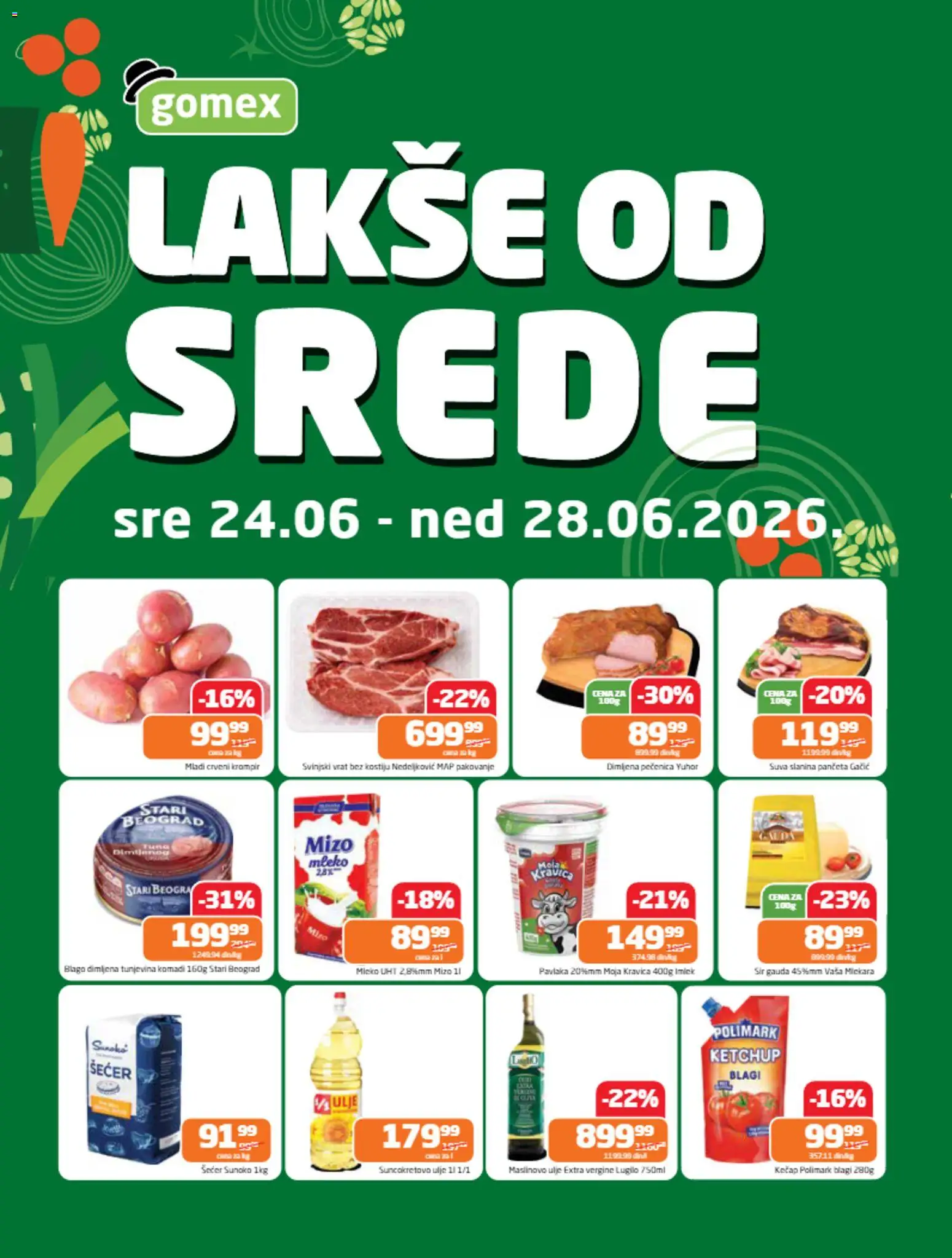Pregled Gomex kataloga - važi od 24.06.2026 - Krompir, Šećer, Moja kravica, Slanina, Suncokretovo ulje, Pečenica, Pakovanje, Suva slanina