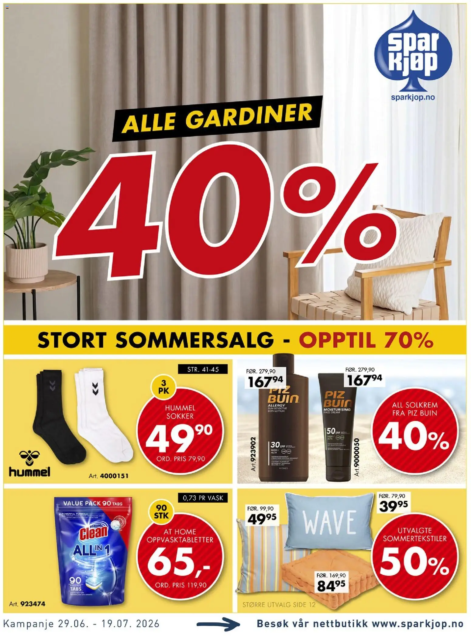 Forhåndsvis Spar Kjøp kundeavis fra butikk Spar Kjøp gyldig fra 29/06/2026 - Sokker, Oppvasktabletter, Vask, Gardiner, 1, Solkrem