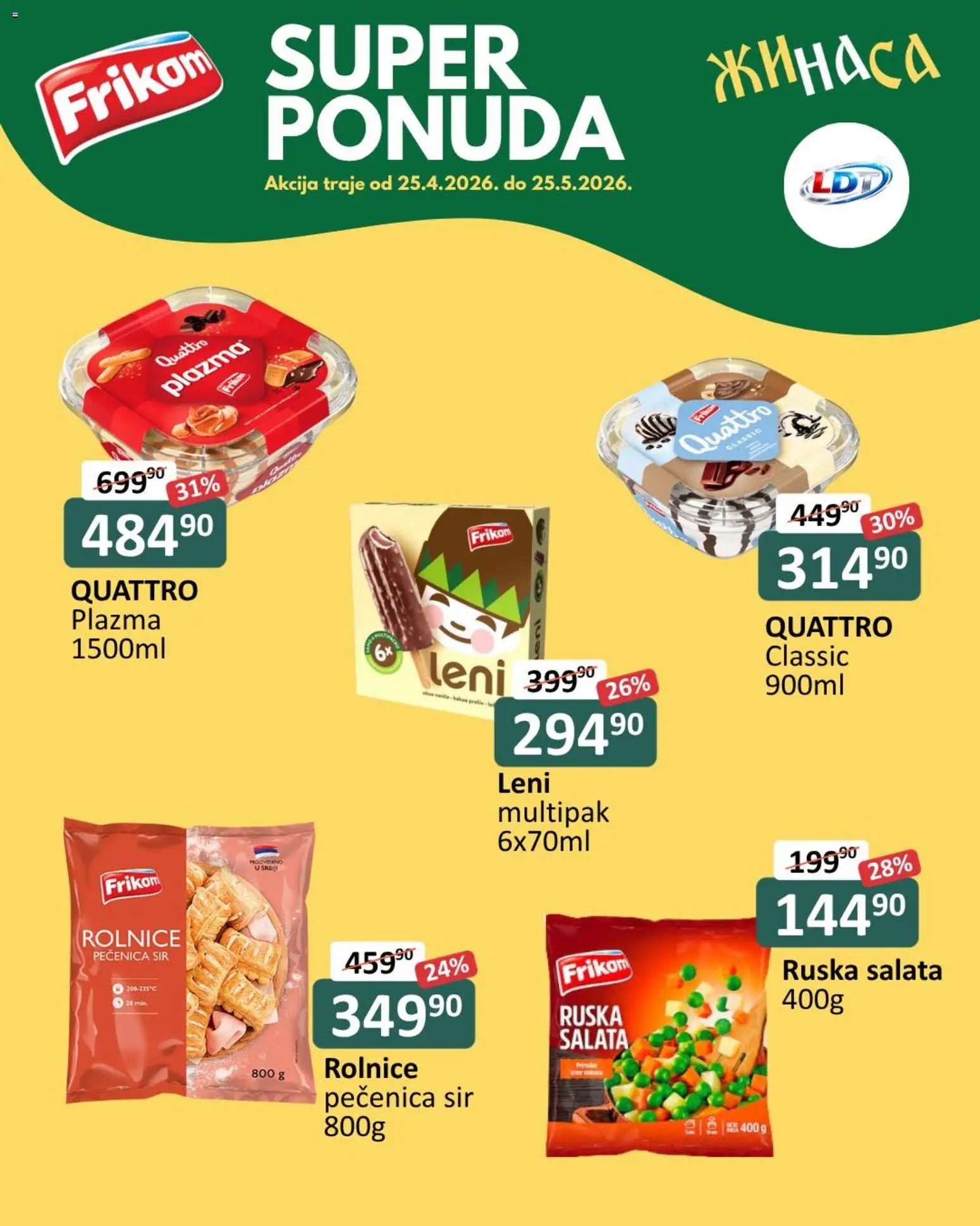 Pregled ŽINASA kataloga - važi od 25.04.2026 - Ruska salata, Salata, Sir, Pečenica, Plazma