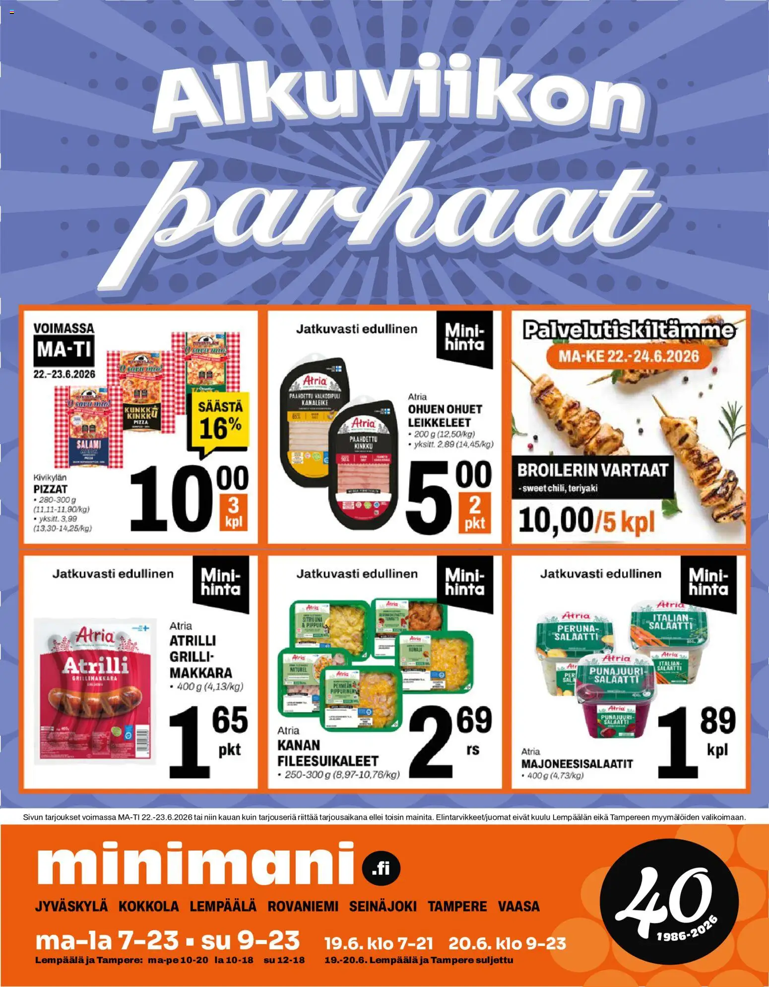 Kaupan Minimani Minimani tarjoukset esikatselu, voimassa 22/06/2026 - Pizza, Grilli, Peruna, Salaatti, Punajuuri, Makkara, Kinkku, Salami