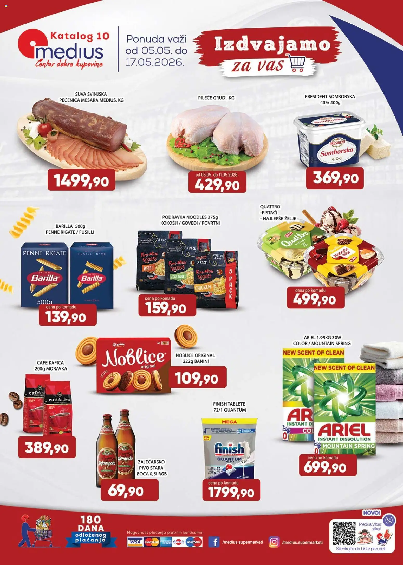 Pregled Medius kataloga - važi od 05.05.2026 - Pivo, Ariel, Pistaći, Podravka, Noblice, Finish, Pečenica, Suva svinjska pečenica