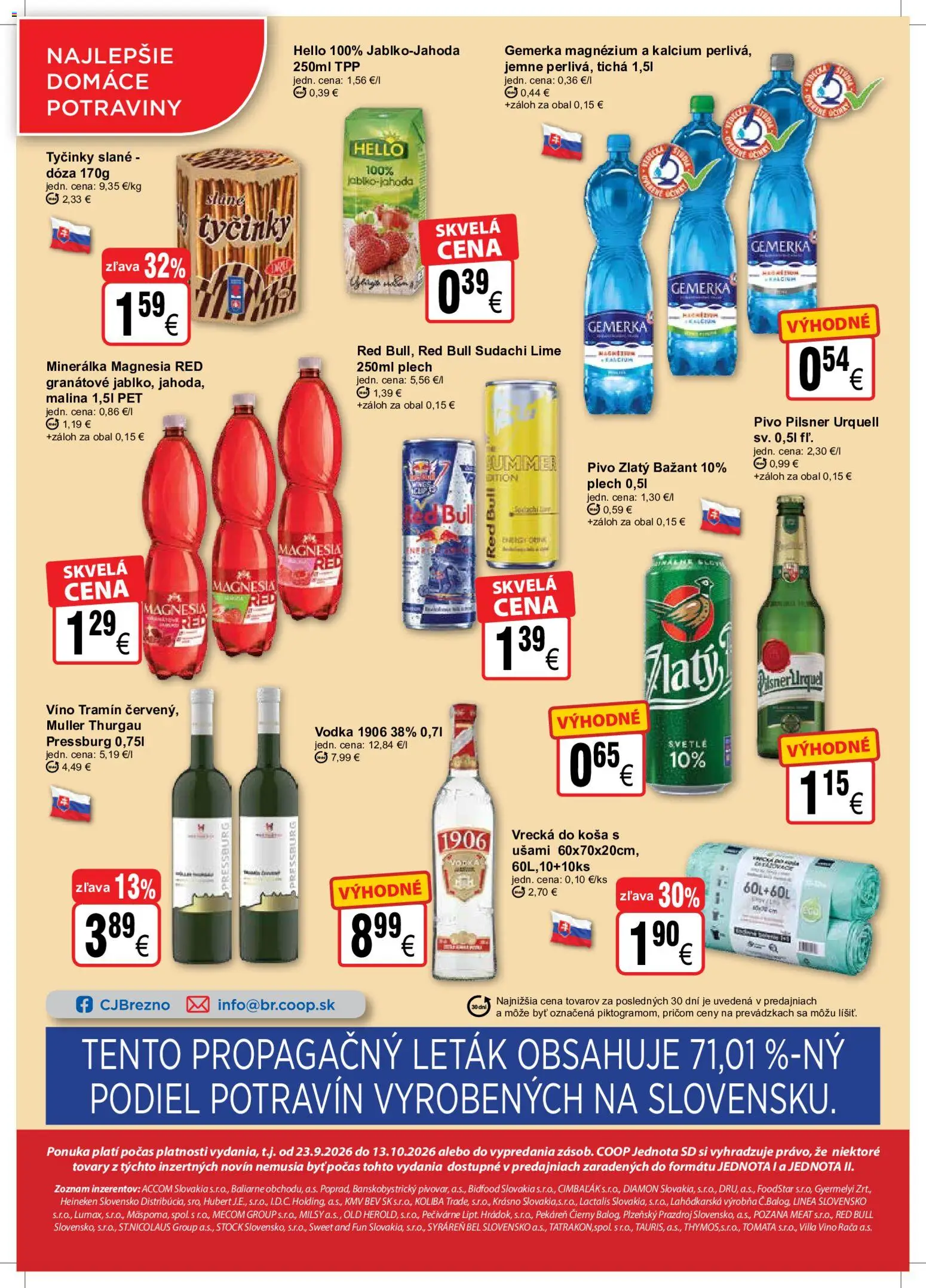 Náhľad COOP Jednota letáku platného od 23.09.2026 - Pekáreň, Pivo, Víno, Red Bull, Pilsner Urquell, Heineken, Zlatý Bažant, Magnesia