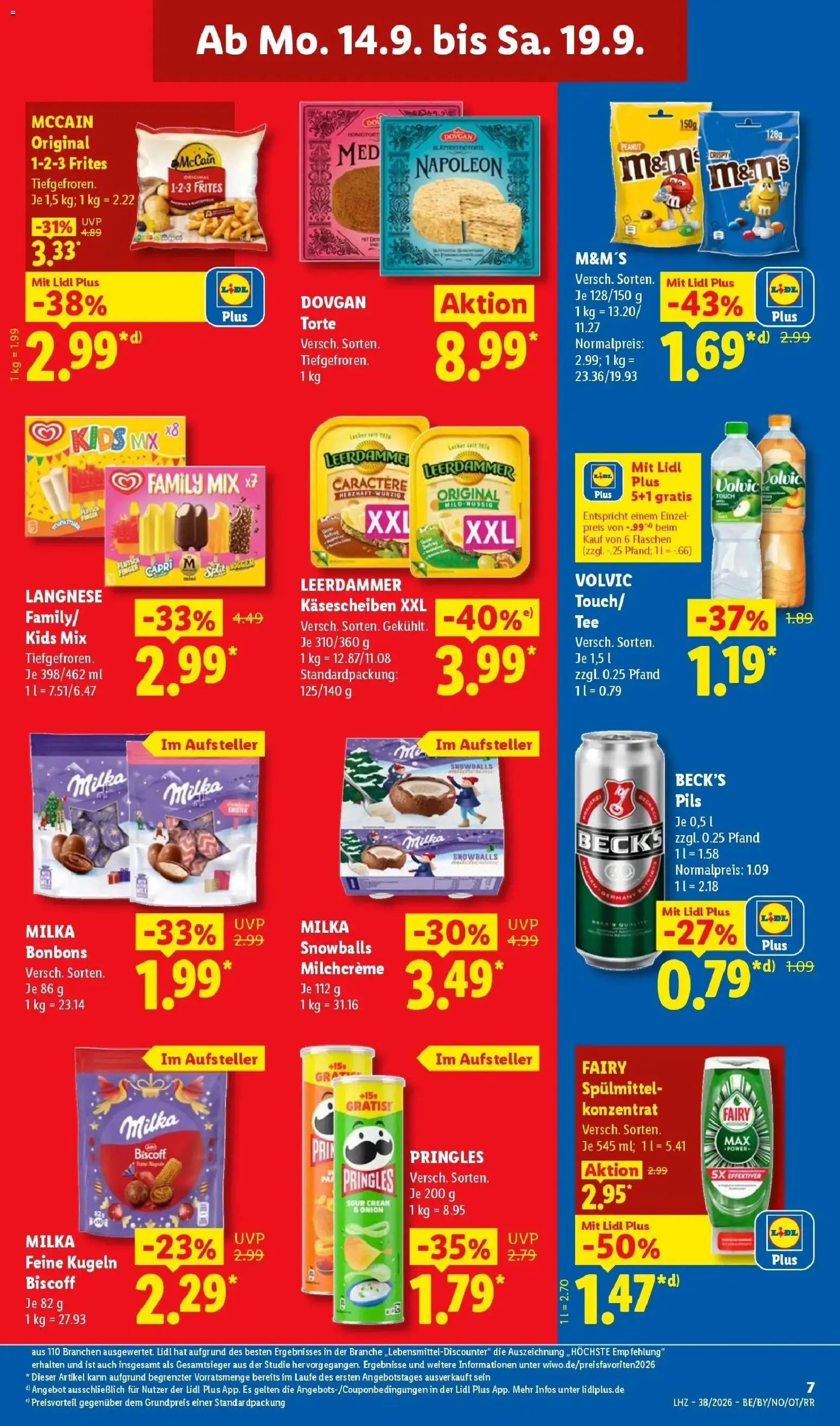 Vorschau von dem Prospekt des Geschäftes Lidl, gültig ab dem 14.09.2026 - Milka, Pringles, Volvic, Langnese, M&M's, McCain, Pils, Leerdammer