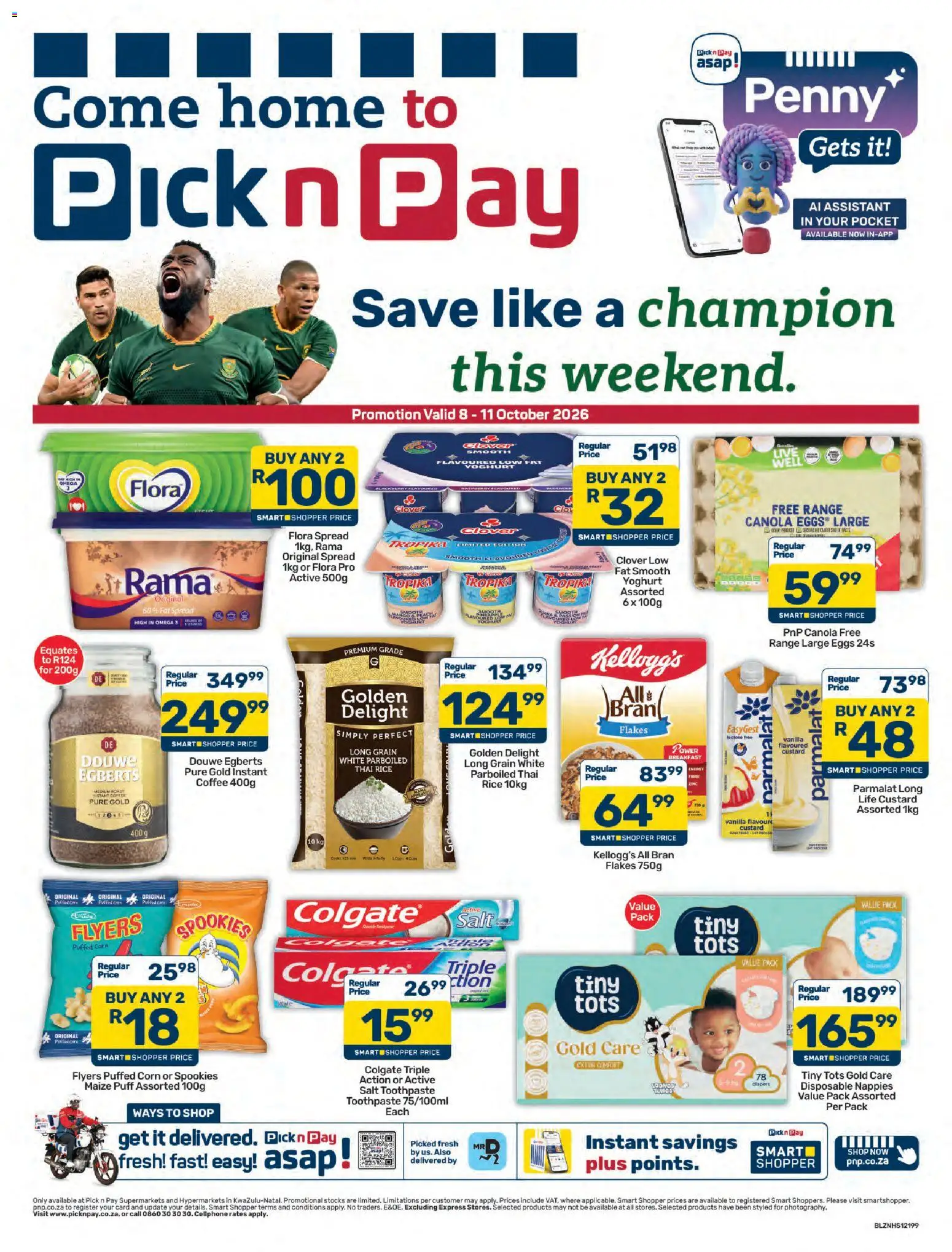Preview of Pick n Pay flyer valid from 08/10/2026 - Coffee, Omega 3, Yoghurt, Toothpaste, Nappies, Diapers, Spread, Fat spread
