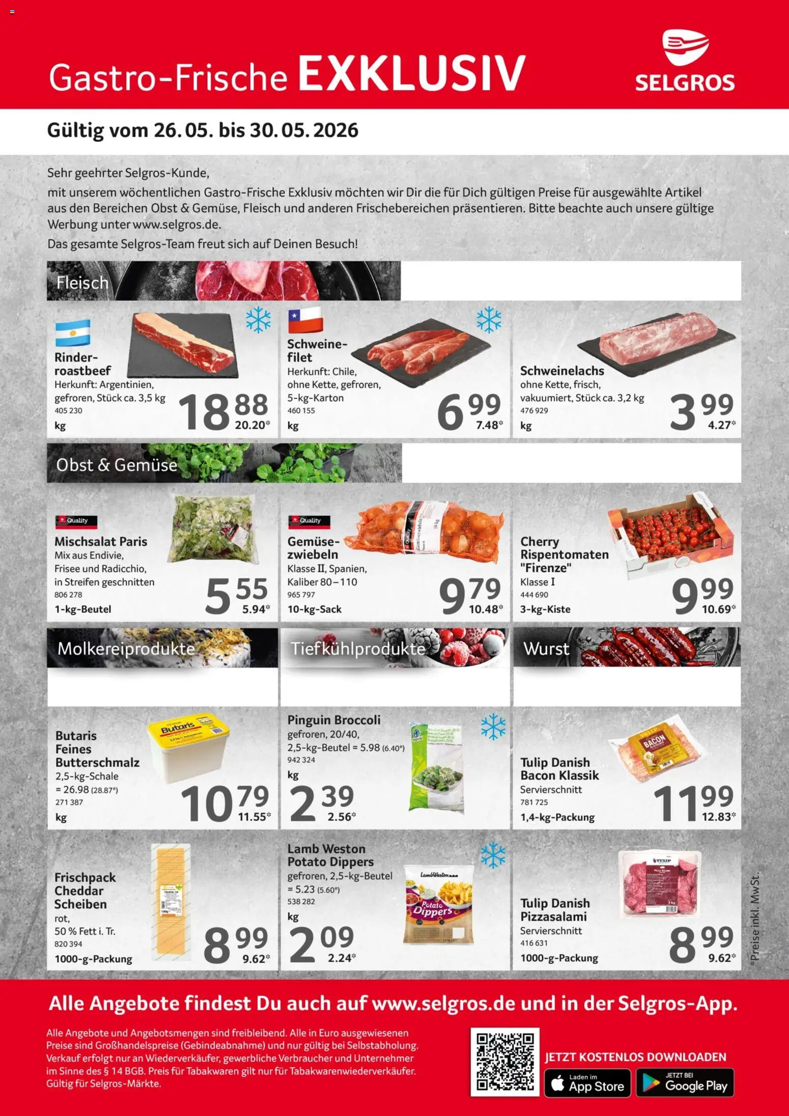Vorschau von dem Prospekt des Geschäftes Selgros, gültig ab dem 26.05.2026 - Wurst, Gemüse, Roastbeef, Obst, Fleisch, Butterschmalz, Zwiebeln