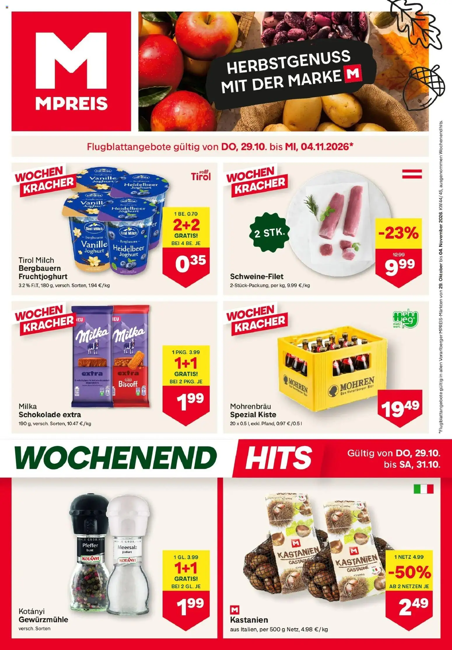 Vorschau der Angebote: MPREIS MPREIS St.Gallenkirch gültig ab 29.10.2026 - Schokolade, Bier, Milch, Joghurt, Pfeffer, Vanille