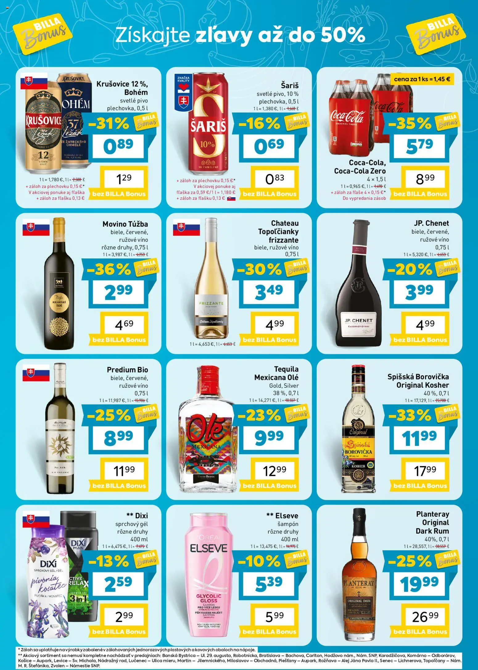 Náhľad Billa letáku platného od 23.09.2026 - Víno, Rum, Coca cola, Tequila, Šampón, Krušovice, Cola, Rúžové víno