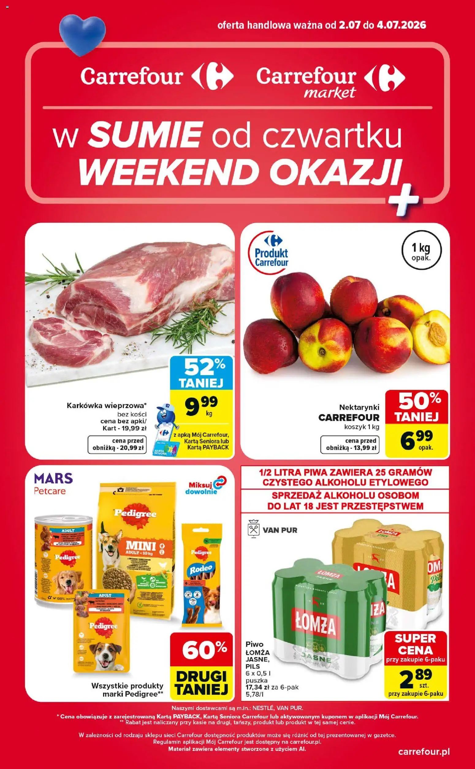 Pogląd gazetki "Carrefour gazetka - Weekend okazji" ze sklepu Carrefour ważnej od 02.07.2026 - Piwo, Karkówka, Karta, Pedigree, Nektarynki