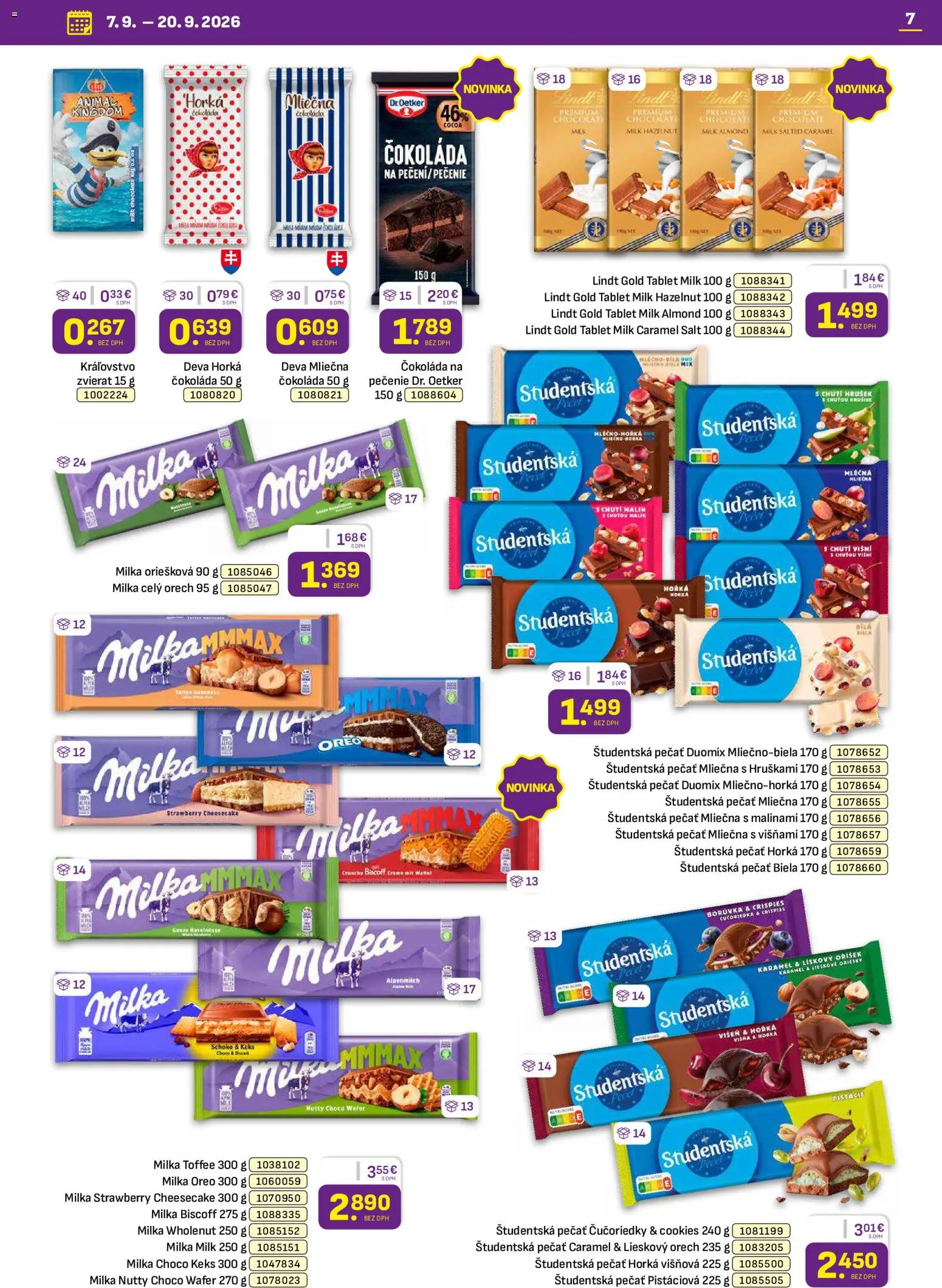 Náhľad Libex letáku platného od 07.09.2026 - Čokoláda, Lindt, Čučoriedky, Milka, Oreo, Študentská pečať, Pistácie, Oriešky