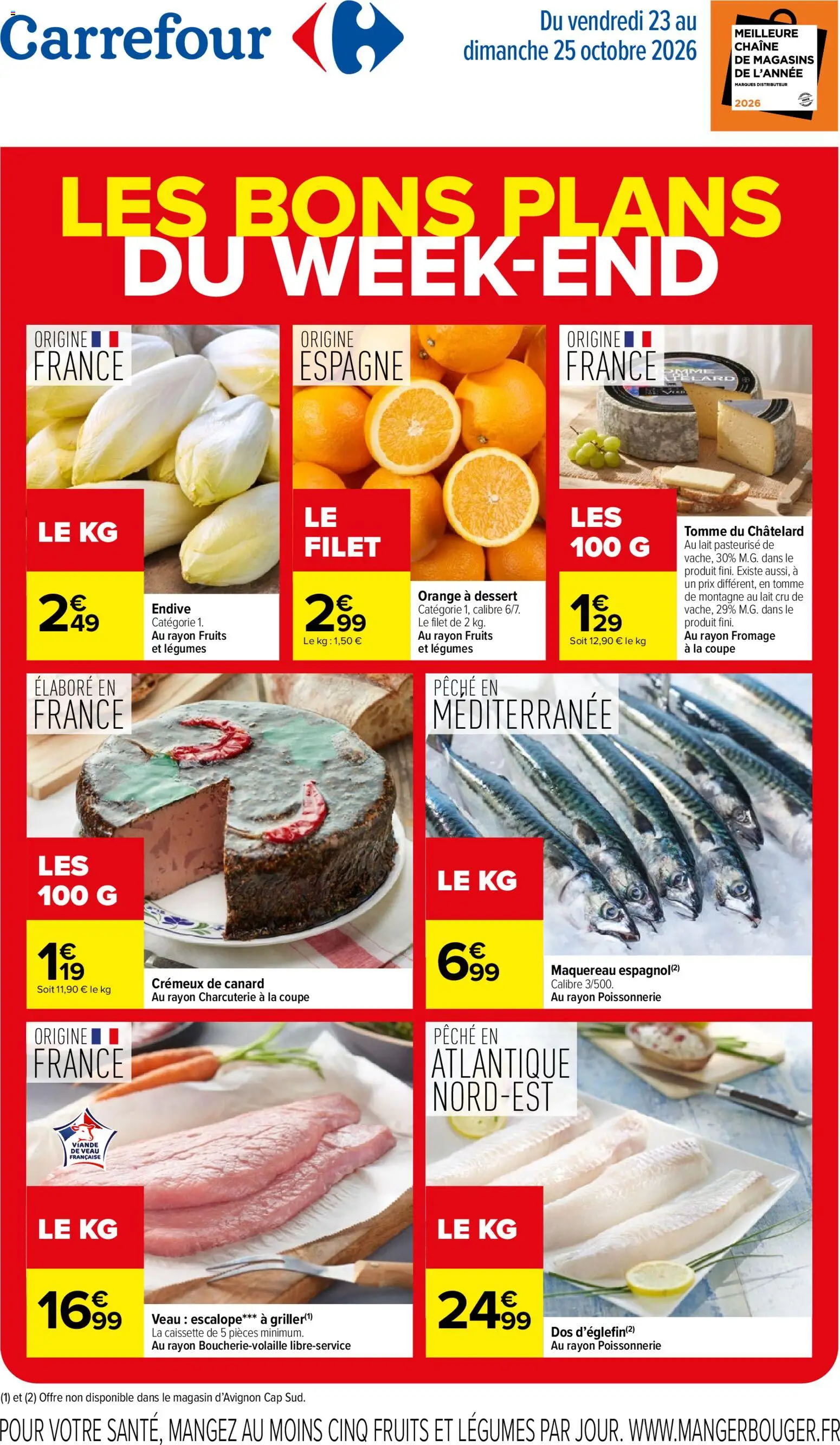 Prévisualisation de Carrefour les bons plans du week-end du magasin Carrefour formulaire valide 23/10/2026 - Orange, Fromage, Dessert, Poissonnerie, Fruits, Pêche, Lait, Viande