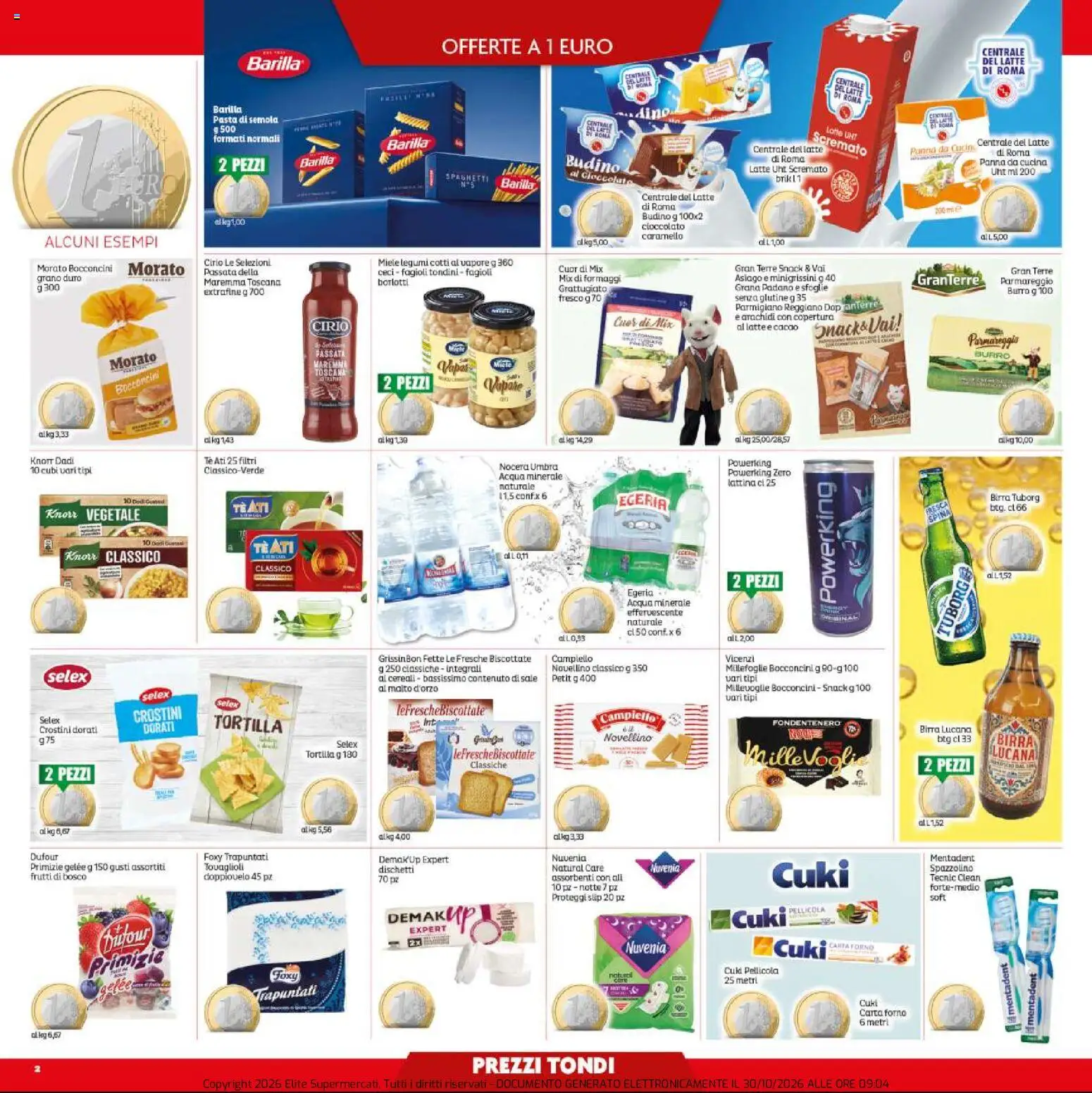 Anteprima dell'opuscolo Elite Supermercati volantino dal negozio Elite Supermercati valido da 30/10/2026 - Cereali, Barilla, Acqua minerale, Legumi, Crostini, Cacao, Pellicola, Birra Tuborg