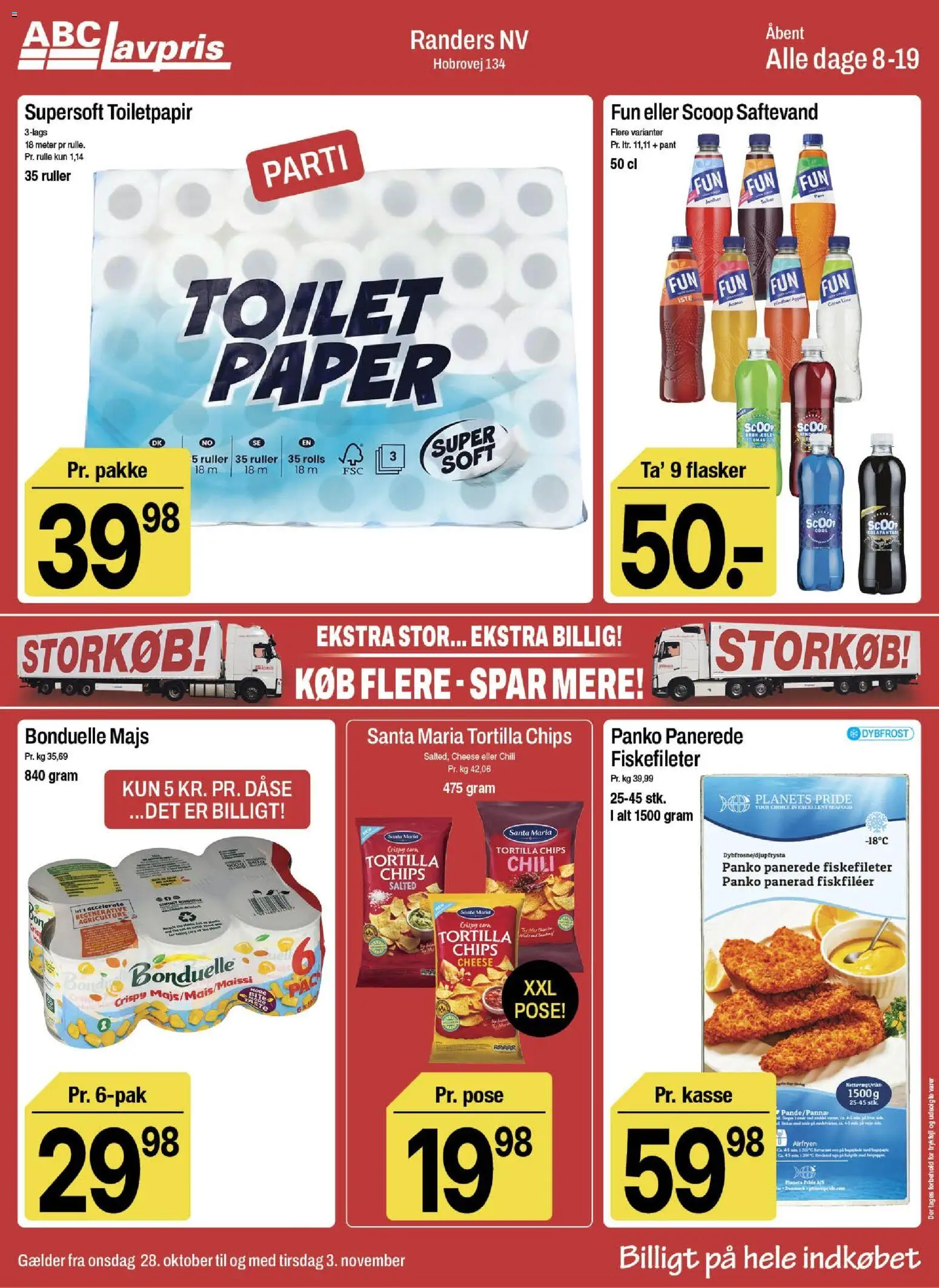 Eksempel på tilbudsavis Abc Lavpris - Tilbudsavis uge 43 fra butik Abc Lavpris gyldig fra 28/10/2026 - Toilet, Chips, Chili, Majs, Saftevand, Iste
