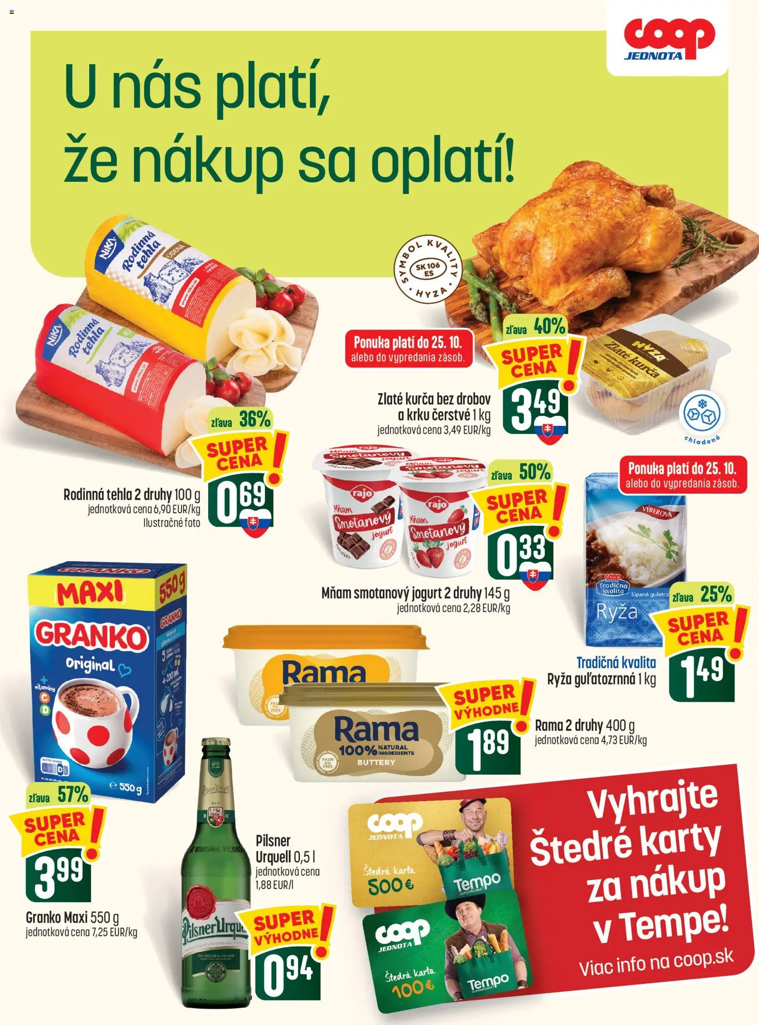 Náhľad COOP Jednota letáku platného od 22.10.2026 - Ryža, Granko, Jogurt, Rama, Kurča, Smotanový jogurt
