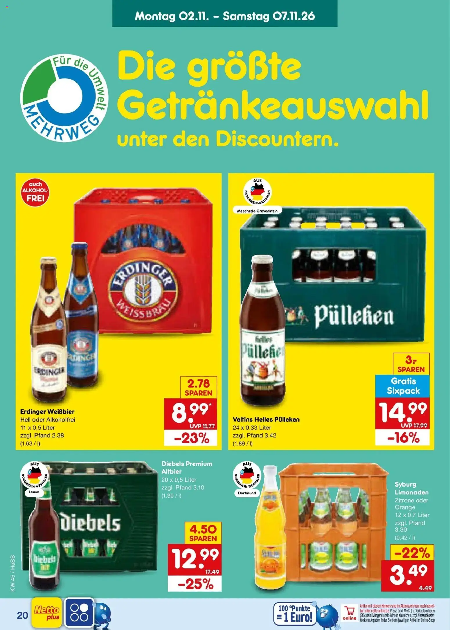 Vorschau von dem Prospekt des Geschäftes Netto Marken-Discount, gültig ab dem 02.11.2026 - Alkohol, Zitrone, Veltins, Erdinger, Weißbier, Diebels, Helles pulleken
