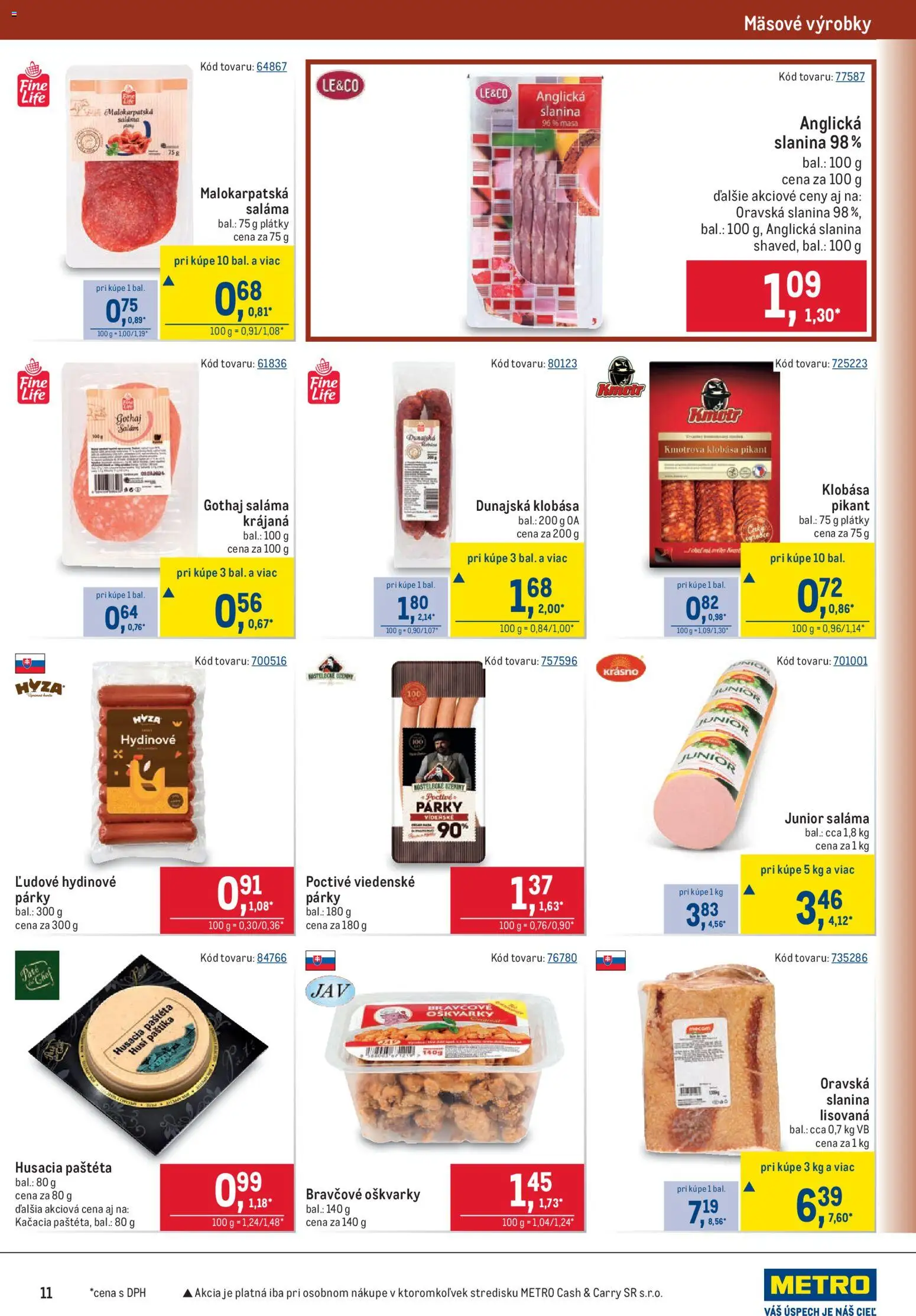 Náhľad Metro letáku platného od 21.10.2026 - Klobása, Slanina, Párky, Saláma, Paštéta, Anglická slanina, Gothaj