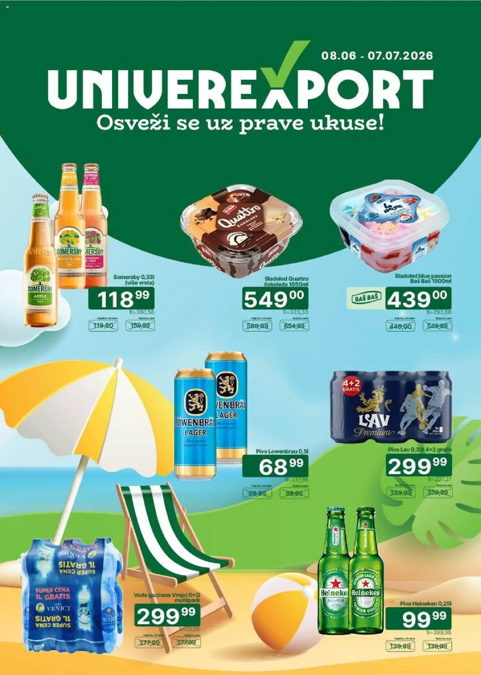 Pregled Univerexport kataloga - važi od 08.06.2026 - Somersby, Heineken, Sladoled, Pivo, Voda, Čokolada