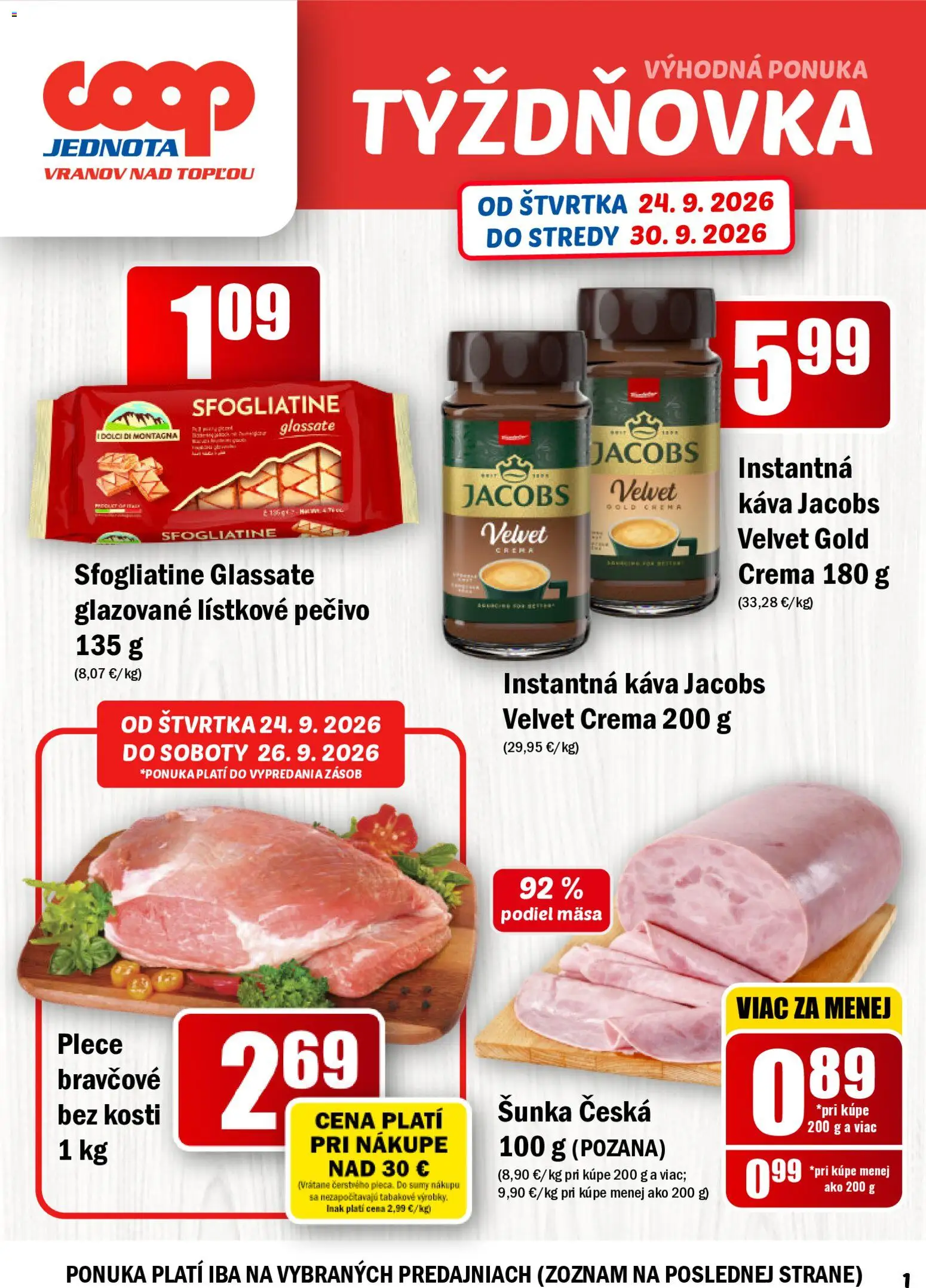 Náhľad COOP Jednota letáku platného od 24.09.2026 - Káva, Šunka, Jacobs Velvet, Pečivo, Instantná káva