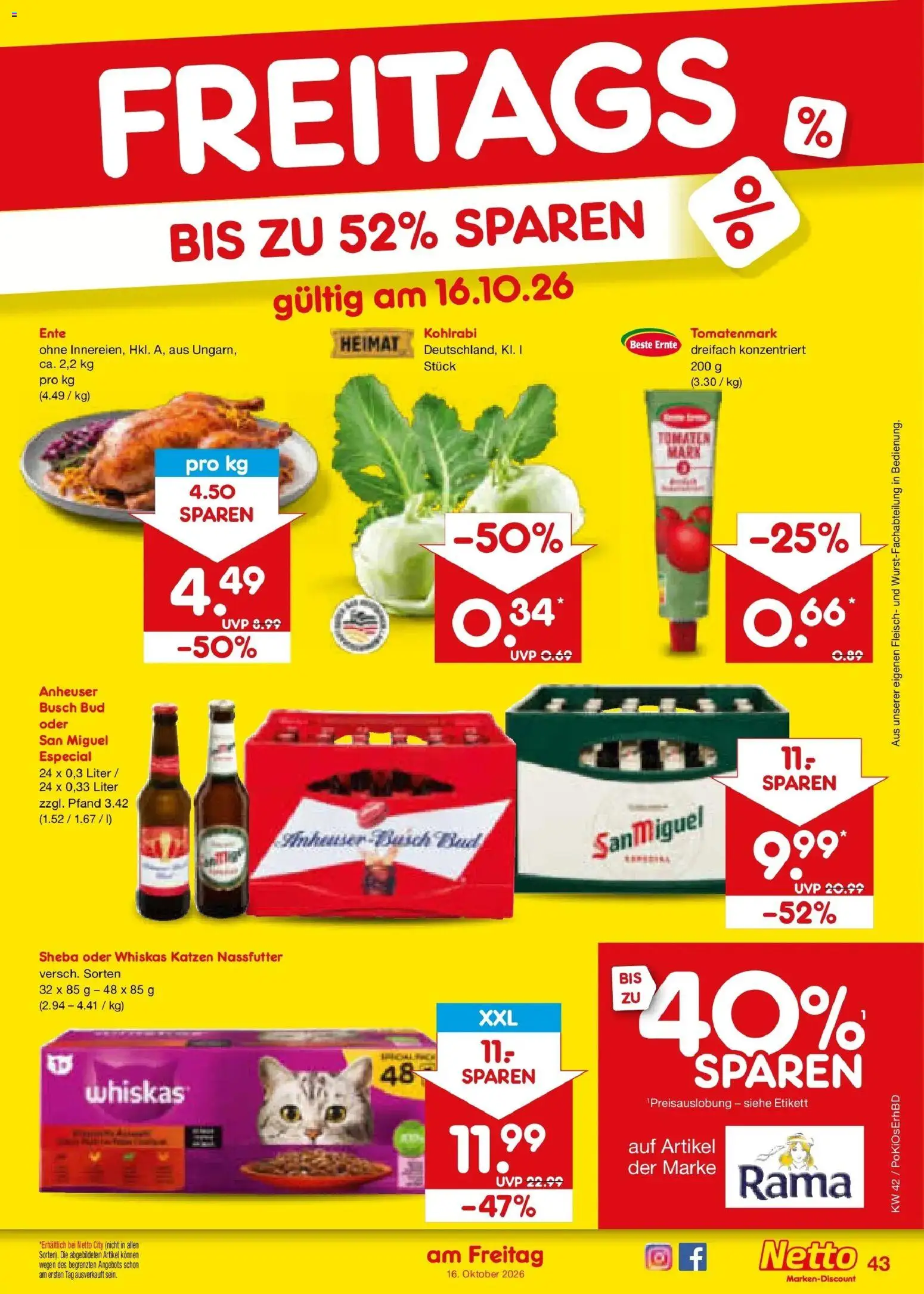 Vorschau von dem Prospekt des Geschäftes Netto Marken-Discount, gültig ab dem 12.10.2026 - Bad, Kohlrabi, Ente, Fleisch, Tomaten, Rama, Whiskas, Sheba