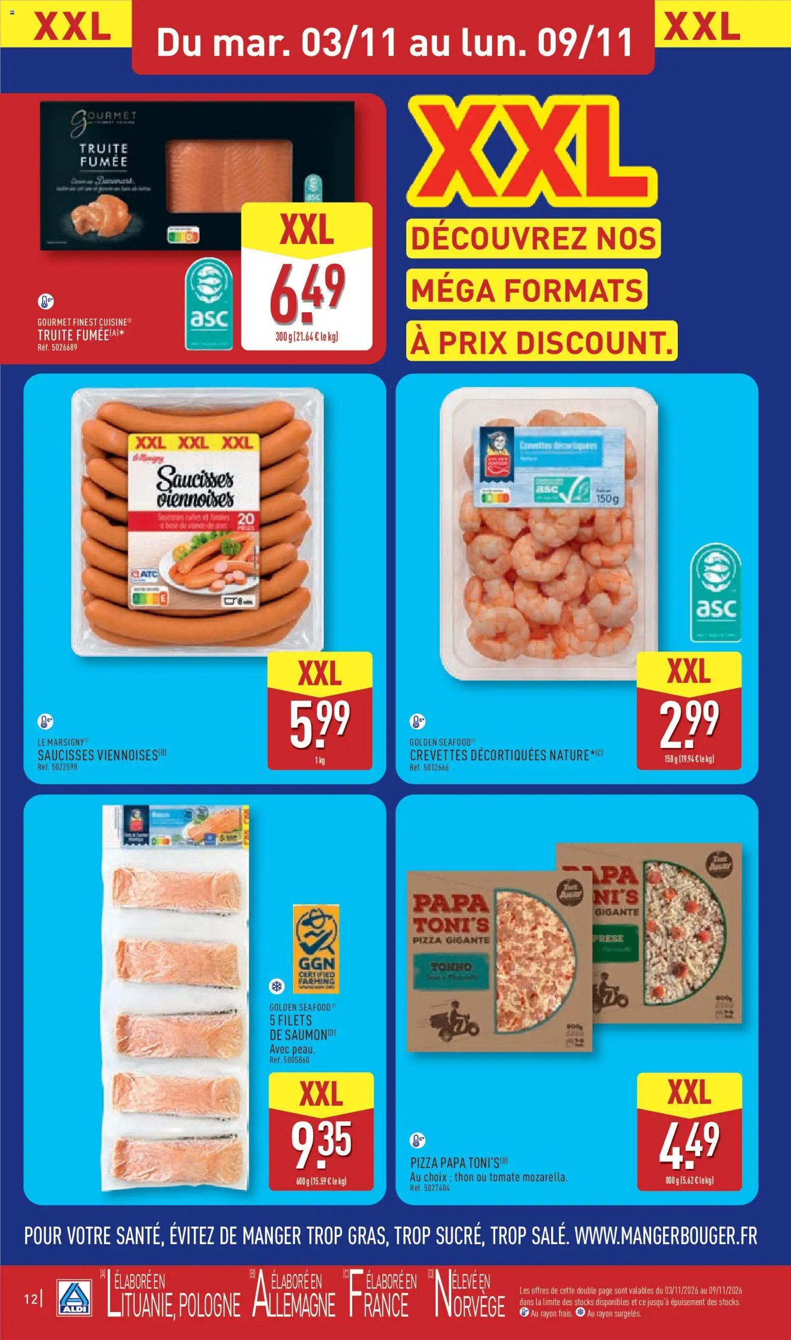 Prévisualisation de Aldi catalogue du magasin Aldi formulaire valide 03/11/2026 - Pizza, Saumon, Tomate, Thon, Truite, Saucisses, Truite fumée, Crevettes