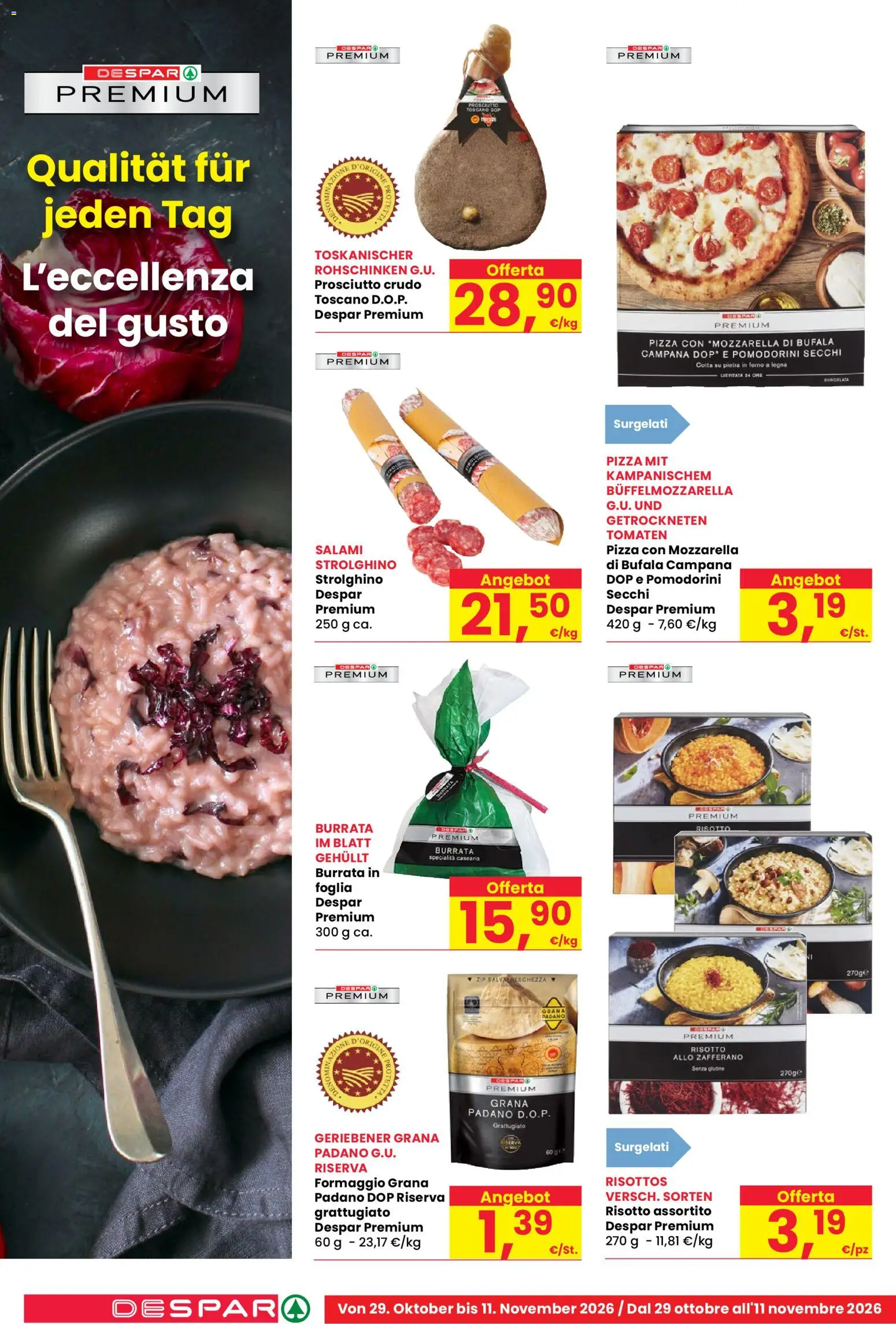 Anteprima dell'opuscolo Despar volantino Bolzano dal negozio Despar valido da 29/10/2026 - Pizza, Forno, Senza glutine, Burrata, Prosciutto, Mozzarella di bufala, Pomodorini, Specialità