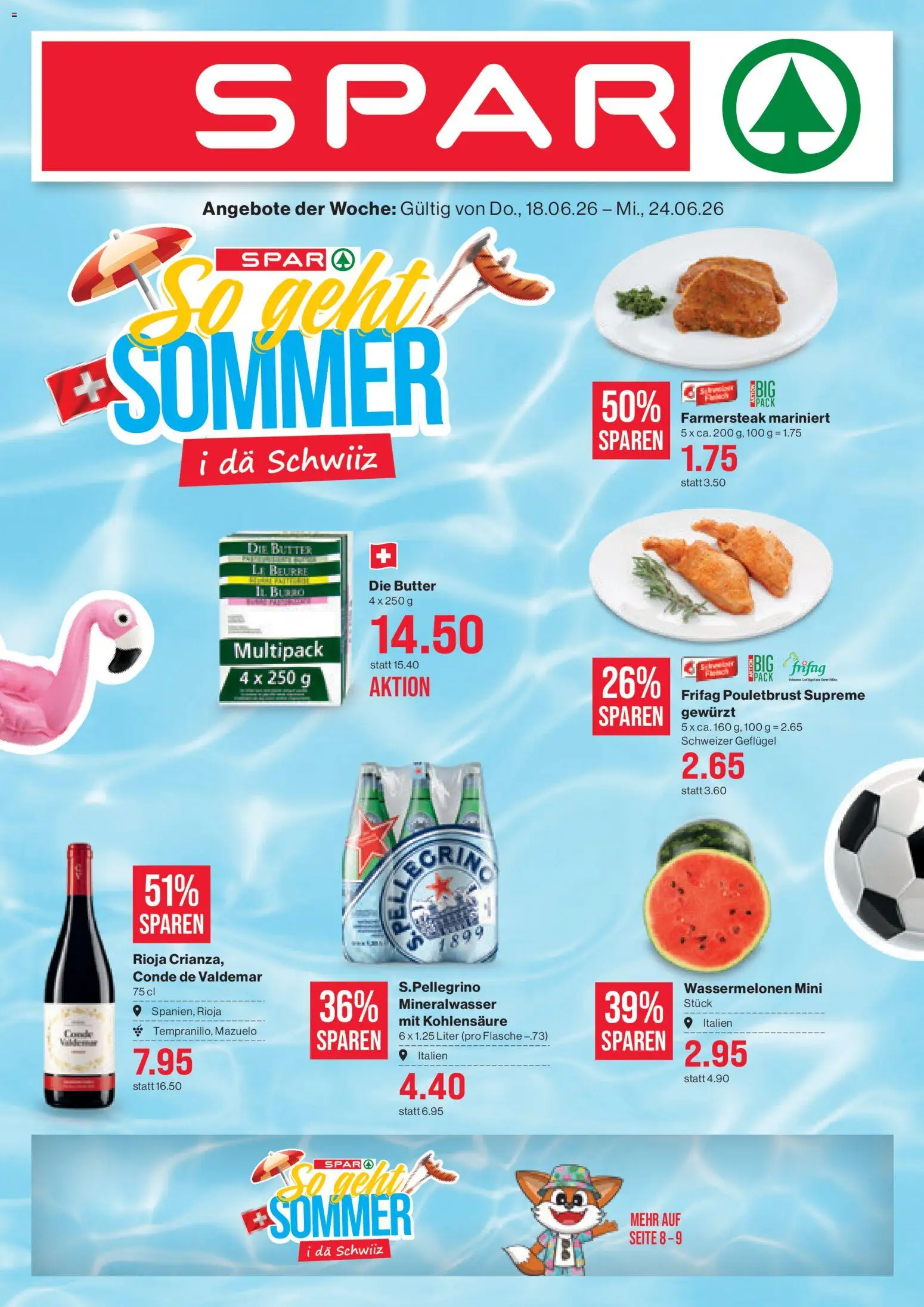 Vorschau des Merkblatts SPAR aktionen vom Shop SPAR gültig von 18.06.2026 bis 24.06.2026 - Butter, Pouletbrust, Mineralwasser