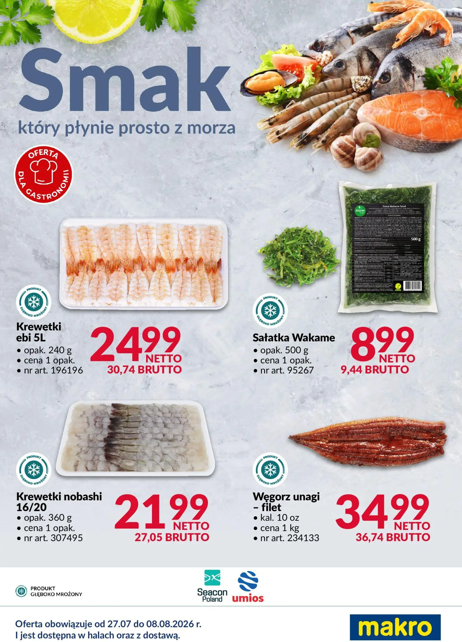 Pogląd gazetki "Makro gazetka - Ryby i owoce morza" ze sklepu Makro ważnej od 27.07.2026 - Sałatka, Krewetki, Wakame, Filet