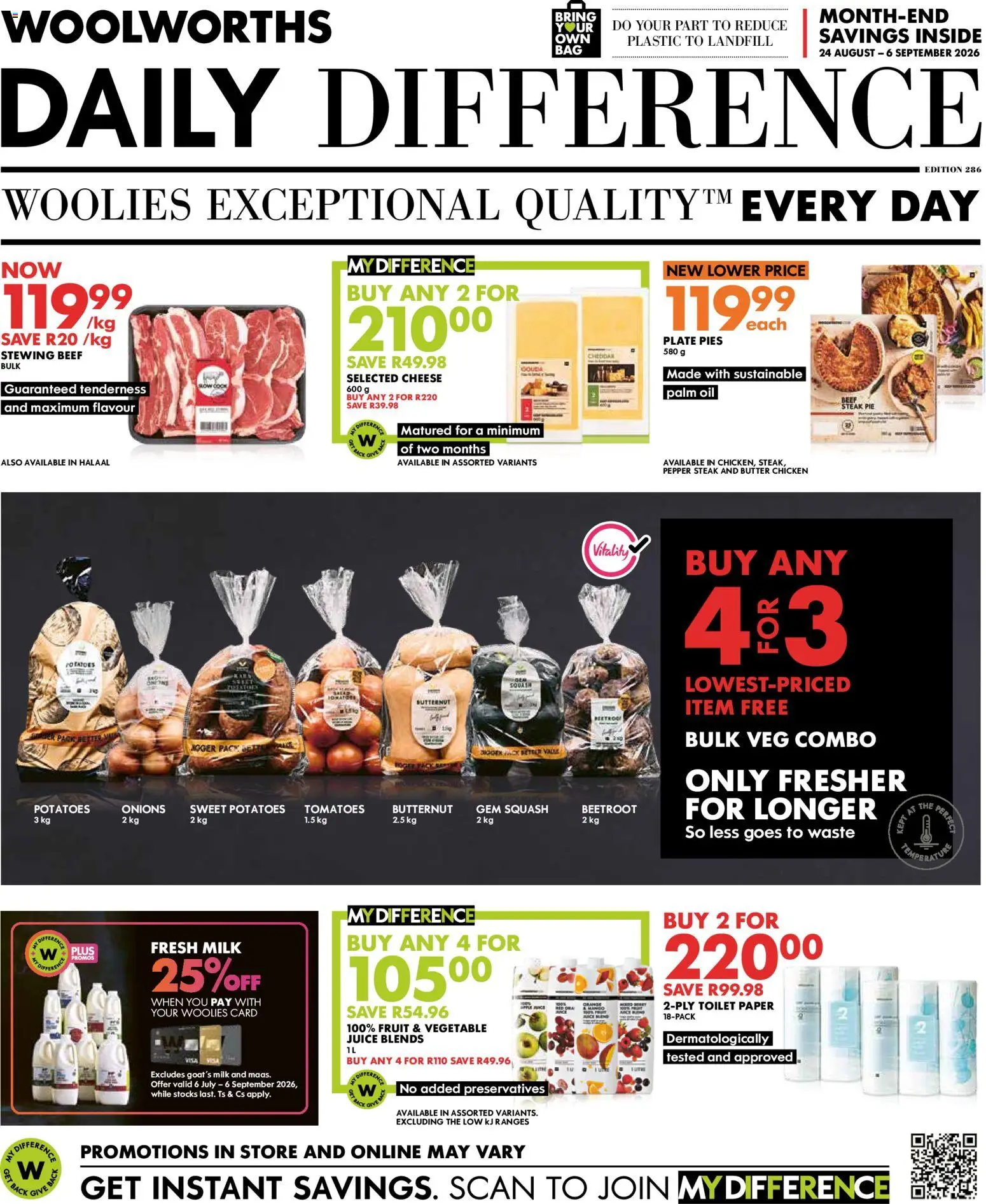 Preview of Woolworths flyer valid from 24/08/2026 - Chicken, Cheese, Juice, Tomatoes, Onions, Squash, Beef, Pepper