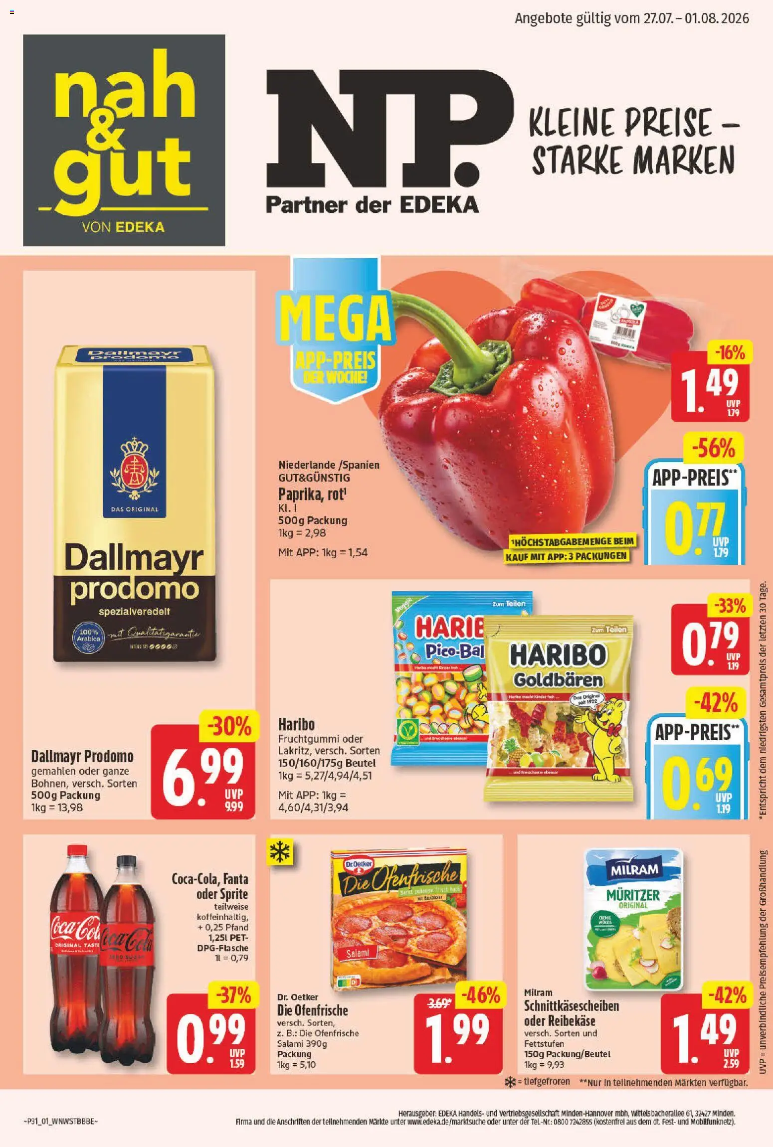 Vorschau von dem Prospekt des Geschäftes NP Discount, gültig ab dem 27.07.2026 - Haribo, Dallmayr, Fanta, Sprite, Dallmayr prodomo, Milram, Ofenfrische, Reibekase
