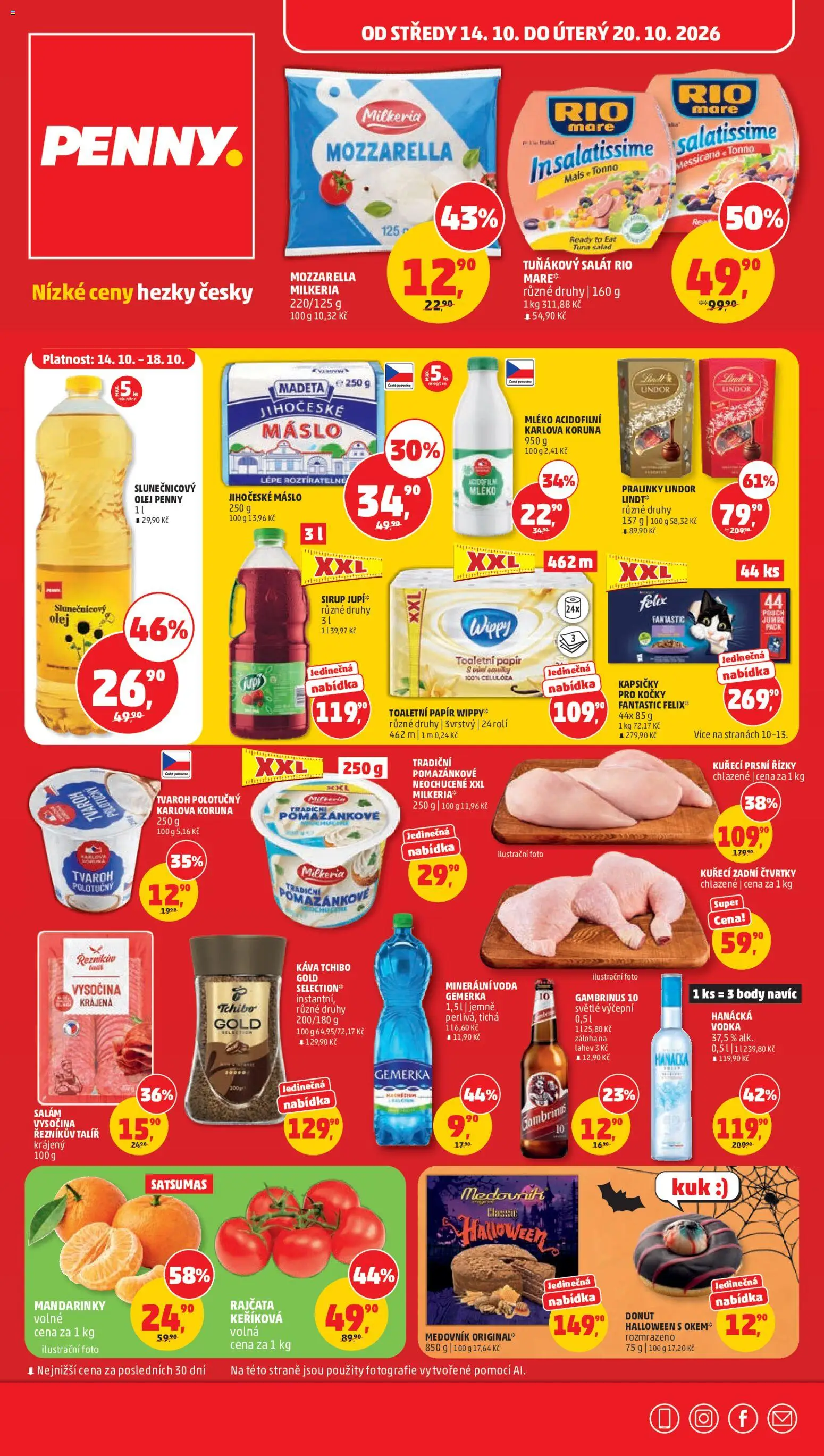 Náhled nabídky: Penny Market Penny Market leták platný od 14.10.2026 - Máslo, Talíř, Tuňákový salát, Láhev, Gambrinus 10, Mandarinky, Prsní řízky, Kuřecí prsní řízky chlazené