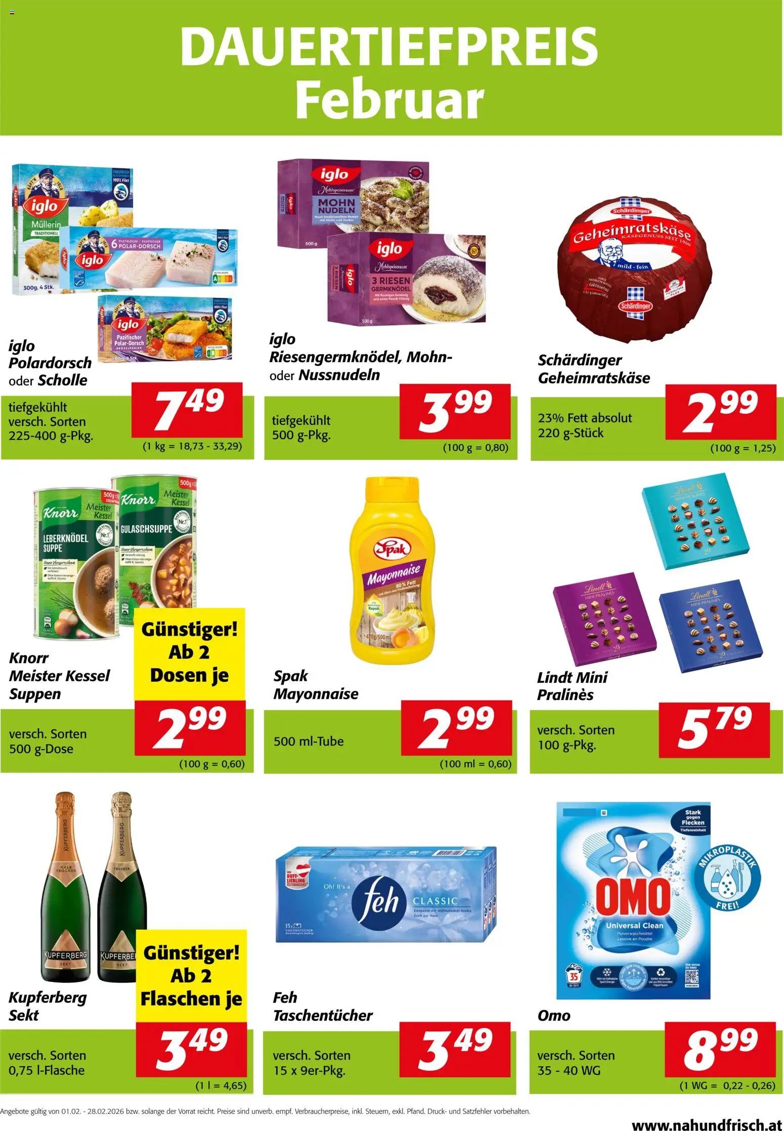 Vorschau der Angebote: Nah und Frisch Dauertiefpreise Februar gültig ab 01.02.2026 - Mayonnaise, Nudeln, Zucker, Rapsöl, Duft