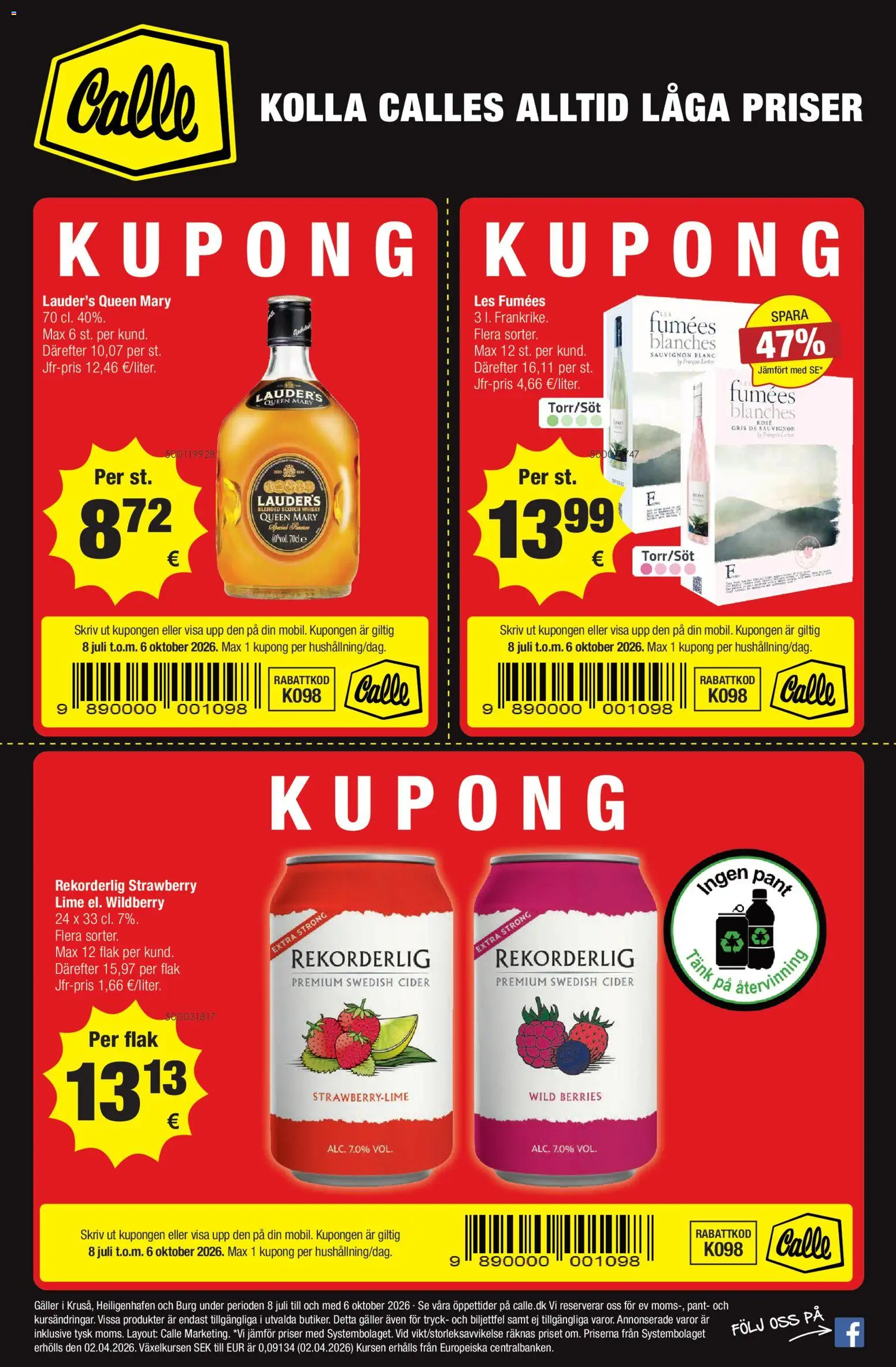Eksempel på tilbudsavis Calle - Svenske kupontilbud fra butik Calle gyldig fra 08/07/2026 - Cider, Whisky, Lime